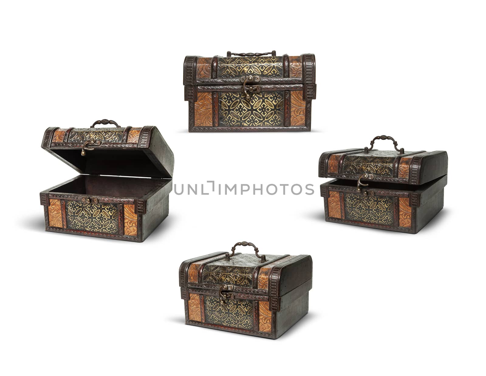 Set vintage wooden chest on white background.