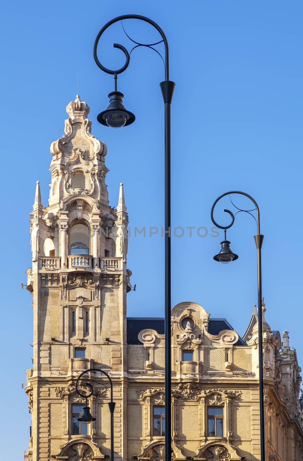 Old buildings in Budapest with lamppost in the front