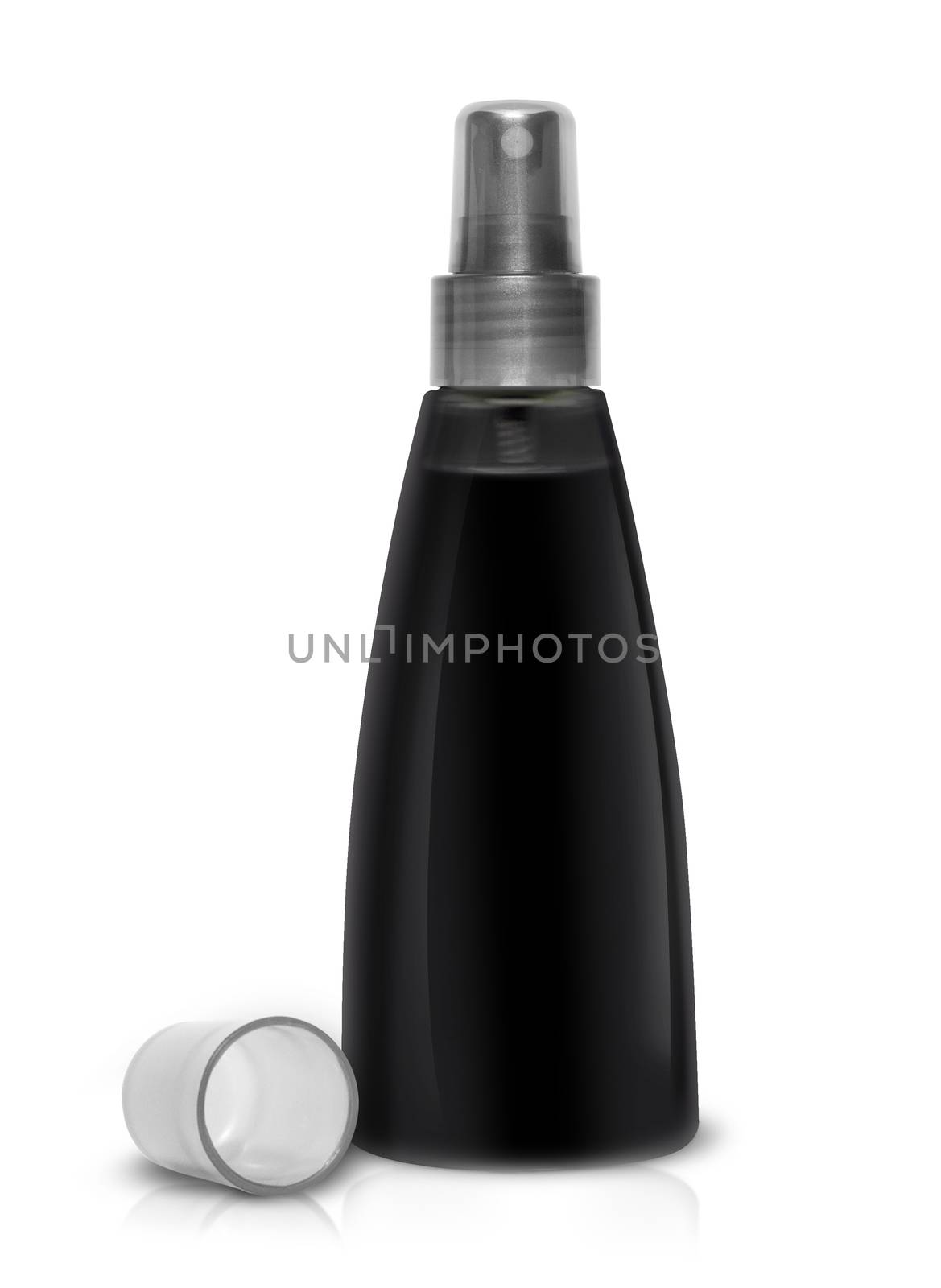 Black plastic bottle spray for hair on a white background. With clipping path