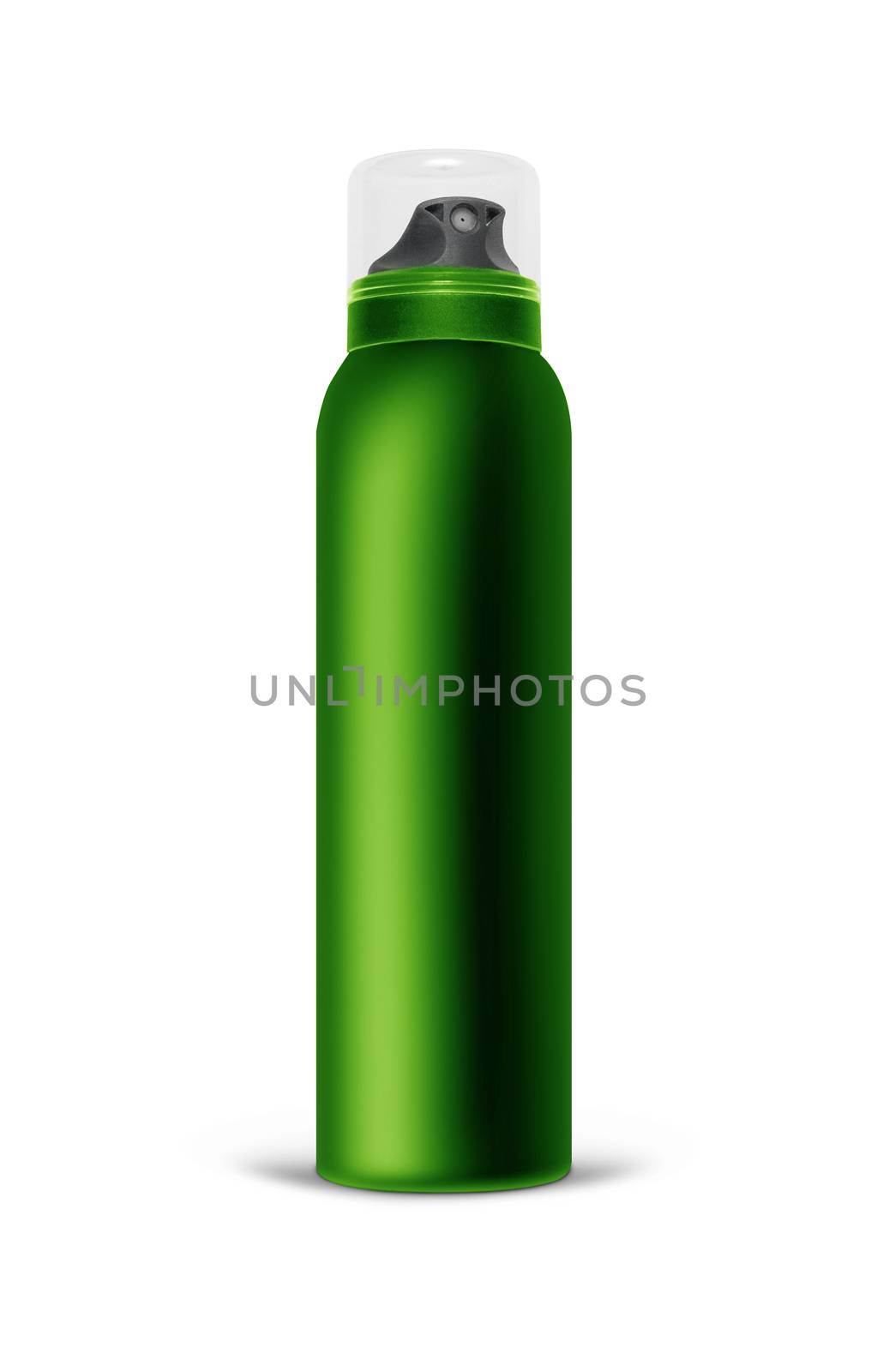 Green blank aluminum spray can isolated on white background. The black template bottle spray for design. With clipping path.