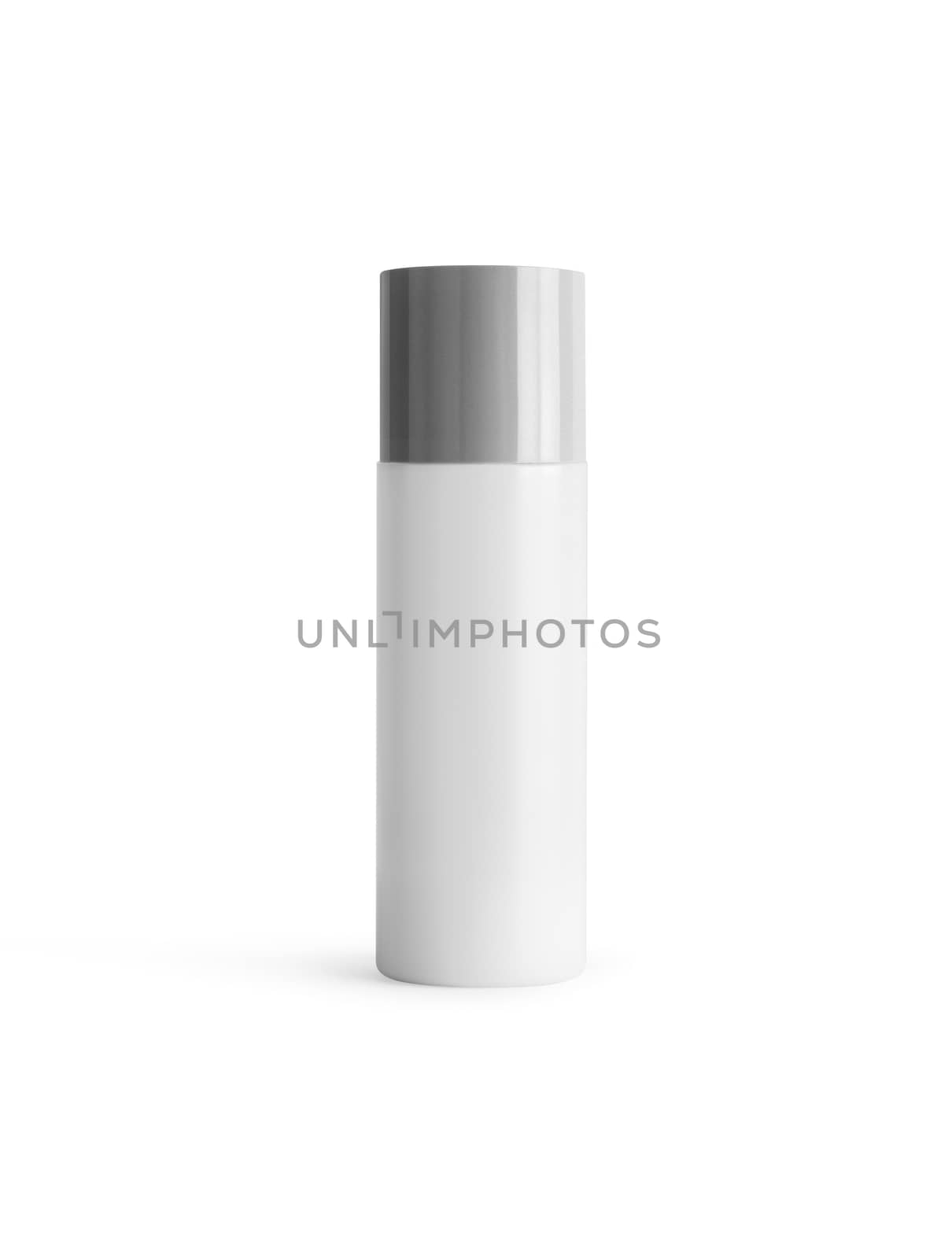 Cosmetic bottles on grey cover isolated on white background