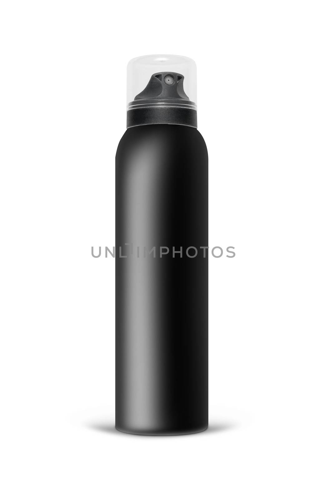 Black blank aluminum spray can isolated on white background. The black template bottle spray for design. With clipping path.