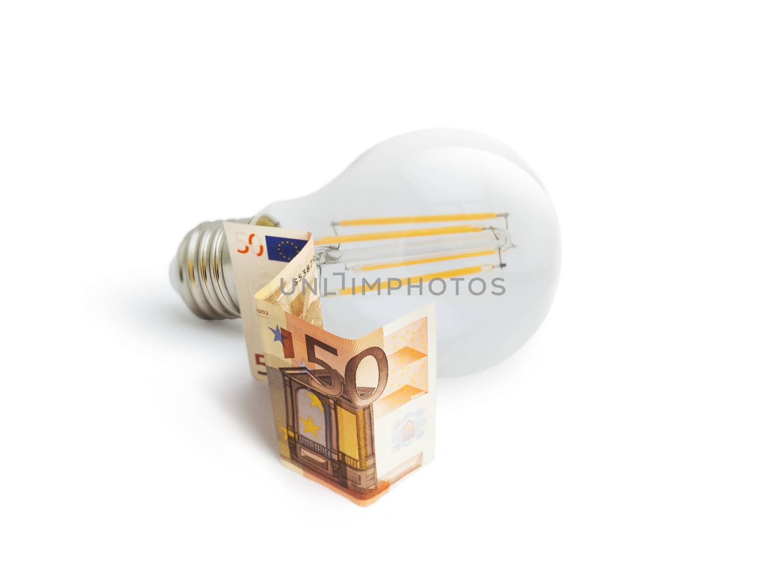LED filament light bulb with Euro money on a white background. Concept.
