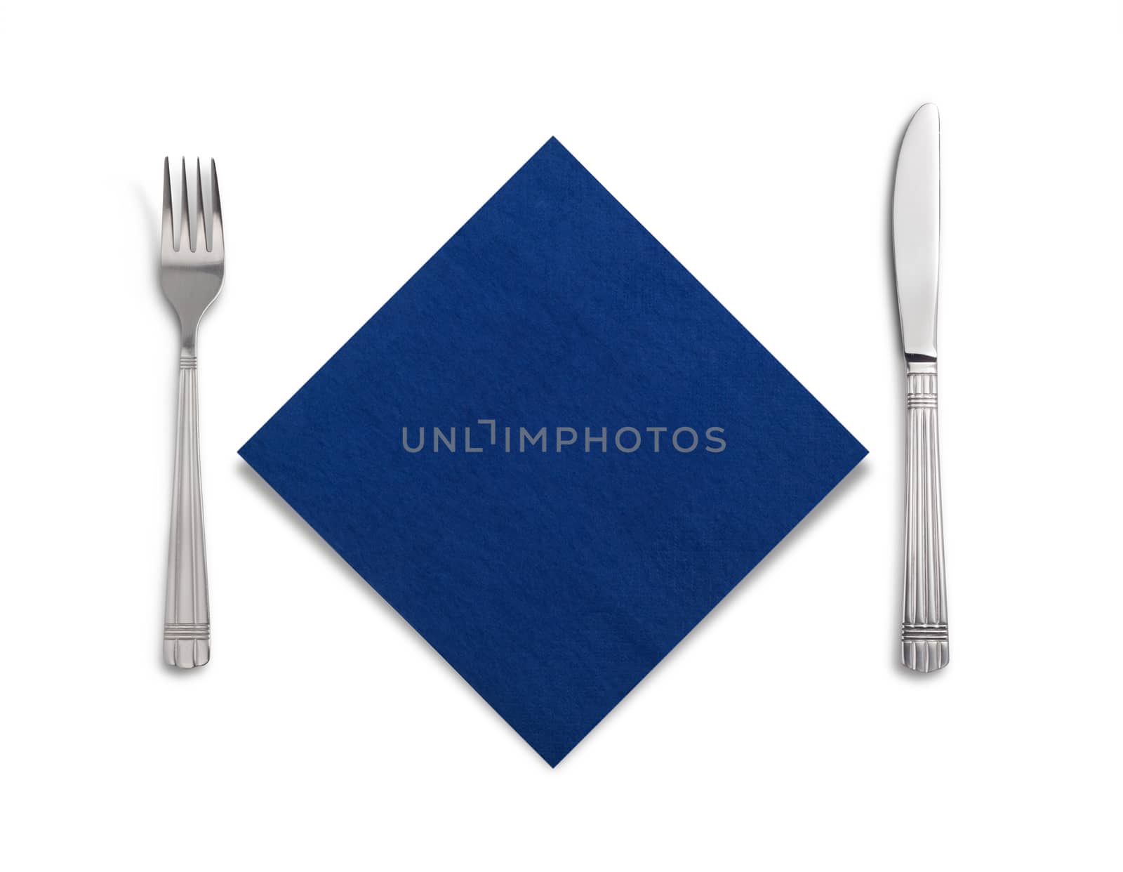 Fork and knife in a blue cloth isolated on white background