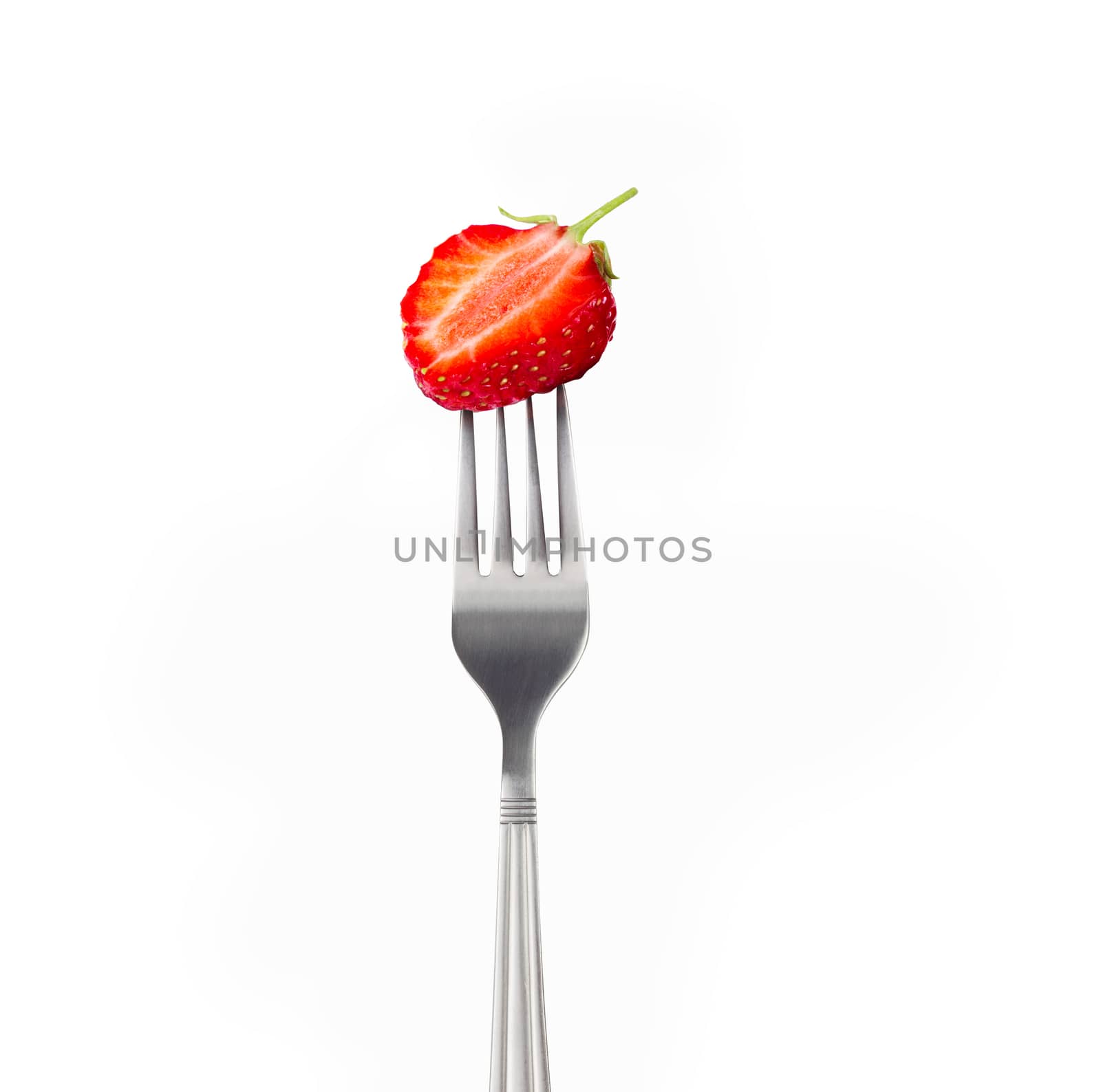  Fresh Strawberry on a fork isolated on white background