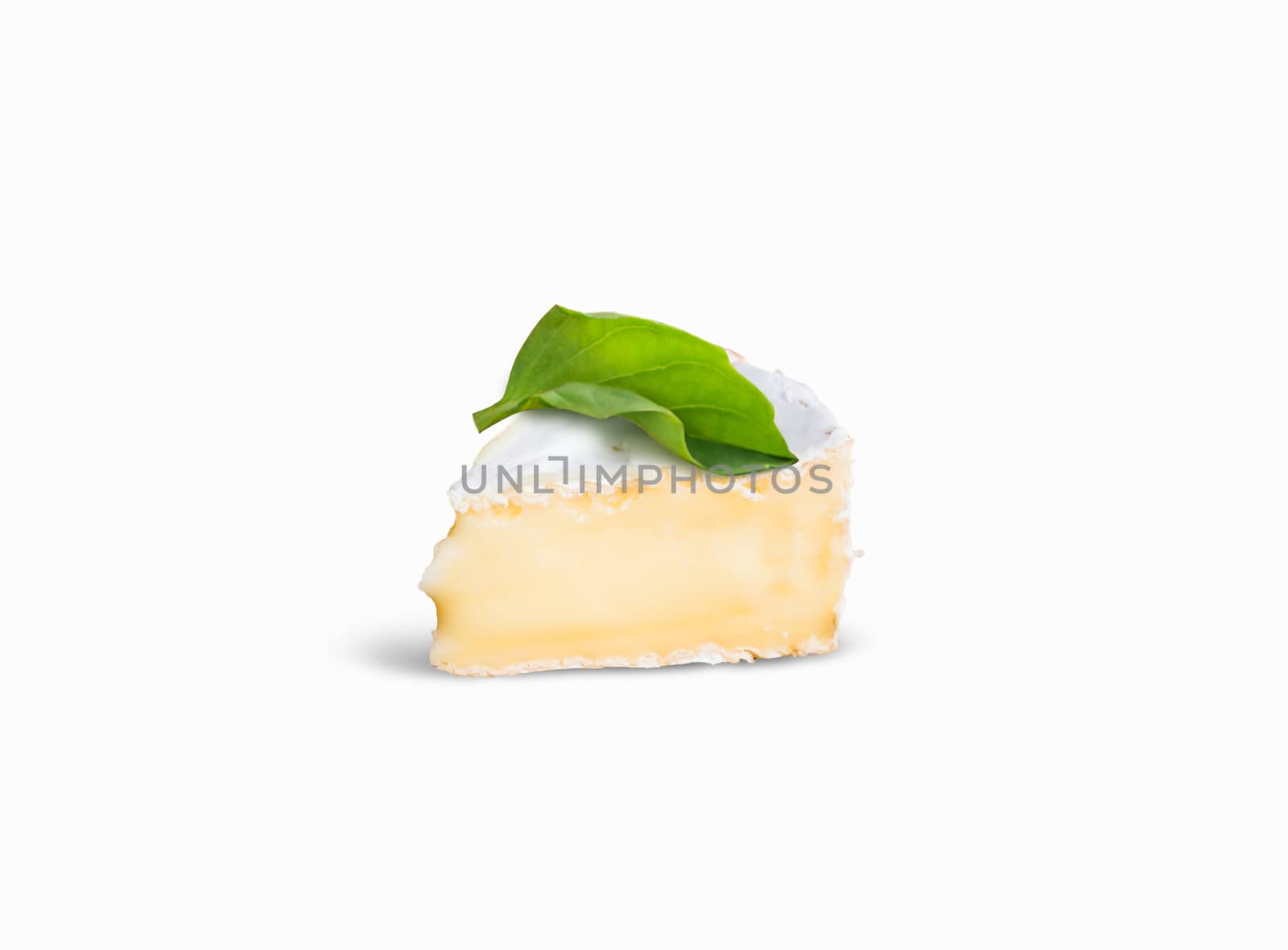 Fresh Piece smelly camembert cheese on a white background
