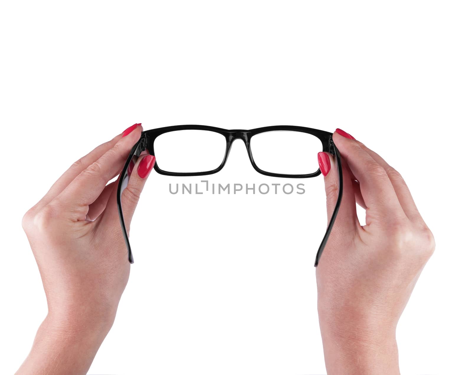 Black Eye Glasses in women's hand Isolated on White background