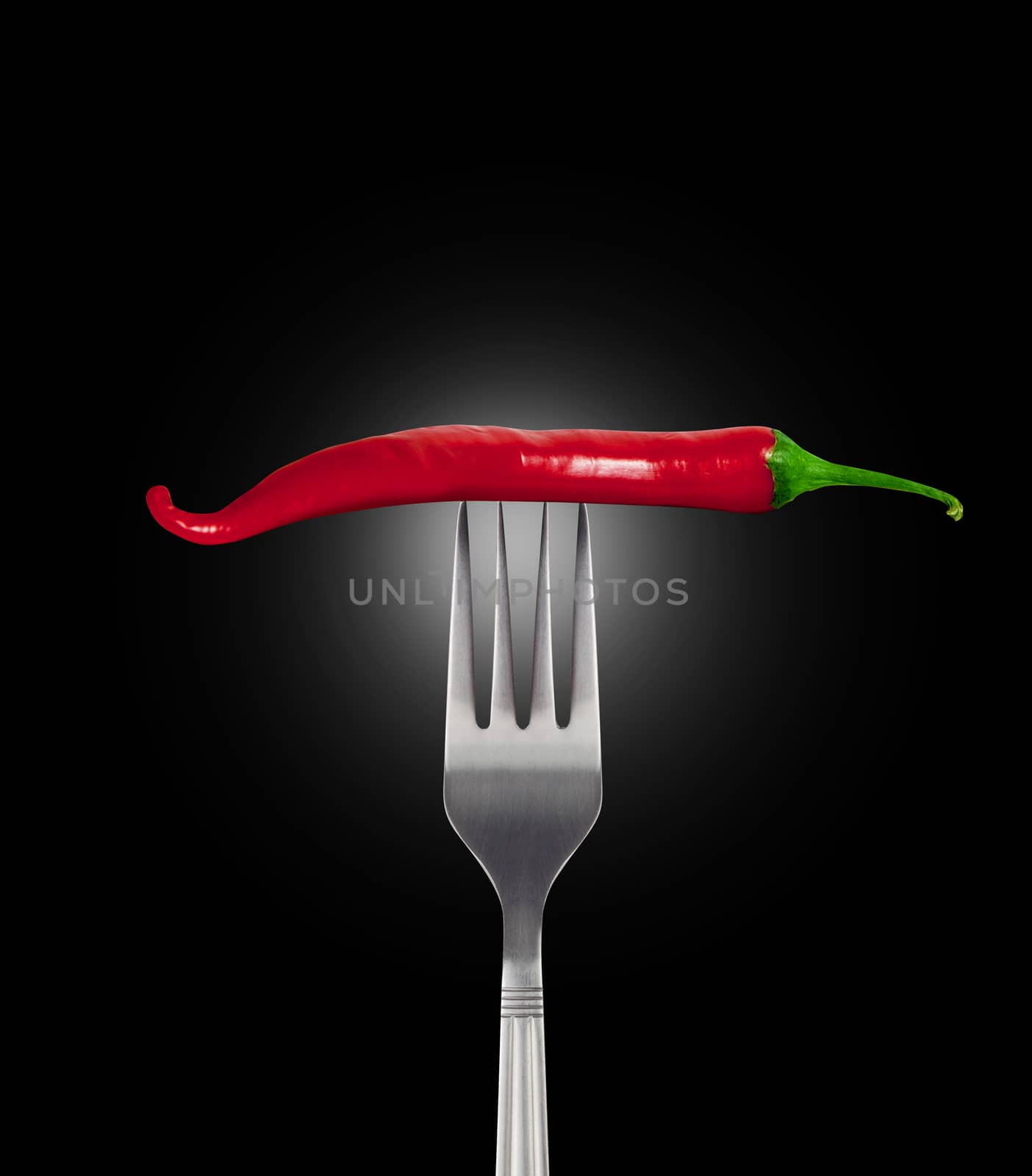 Red hot chili pepper speared onto metal fork shot on black background. With clipping path