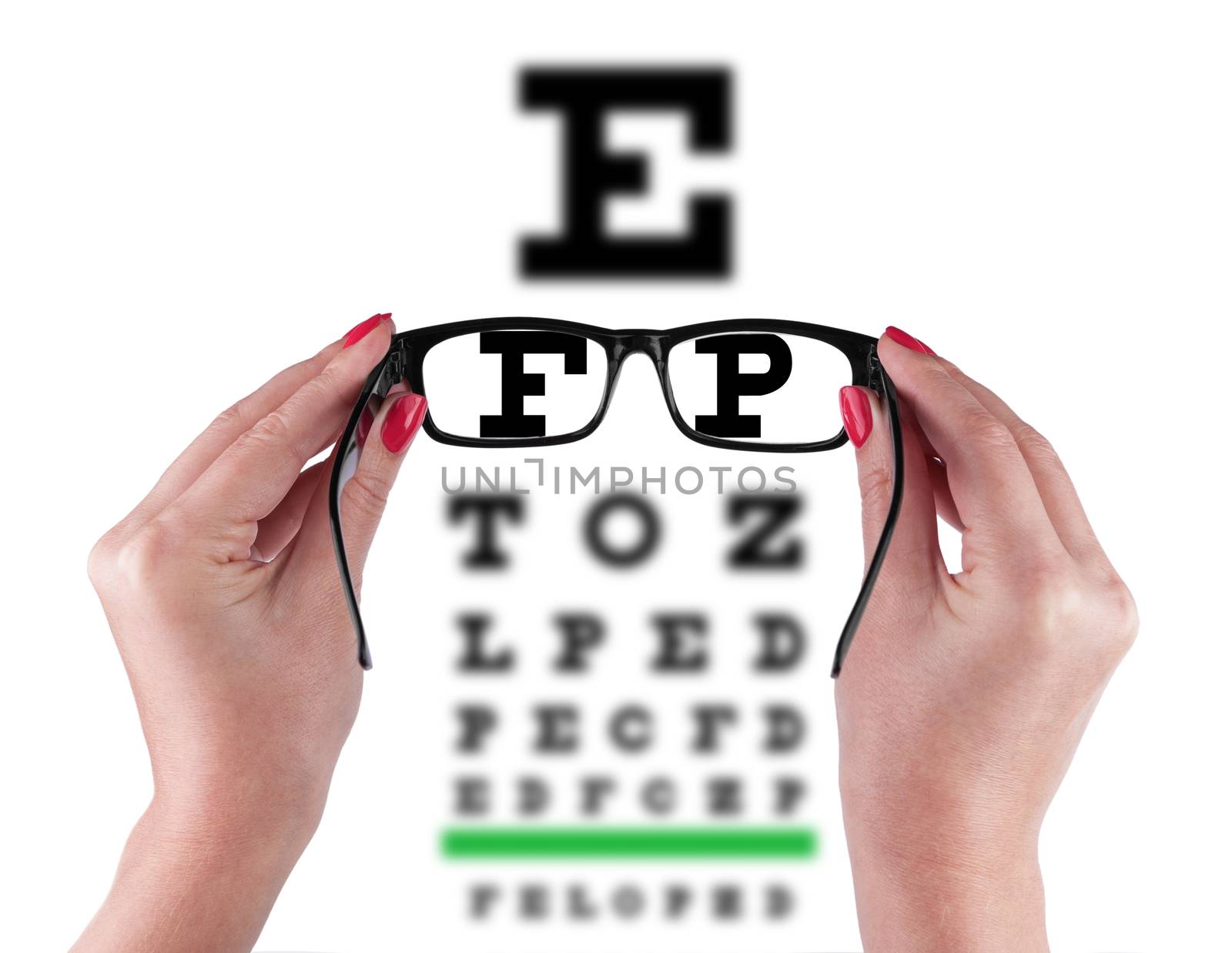Black Eye Glasses in women's hand Isolated on eyesight test chart background