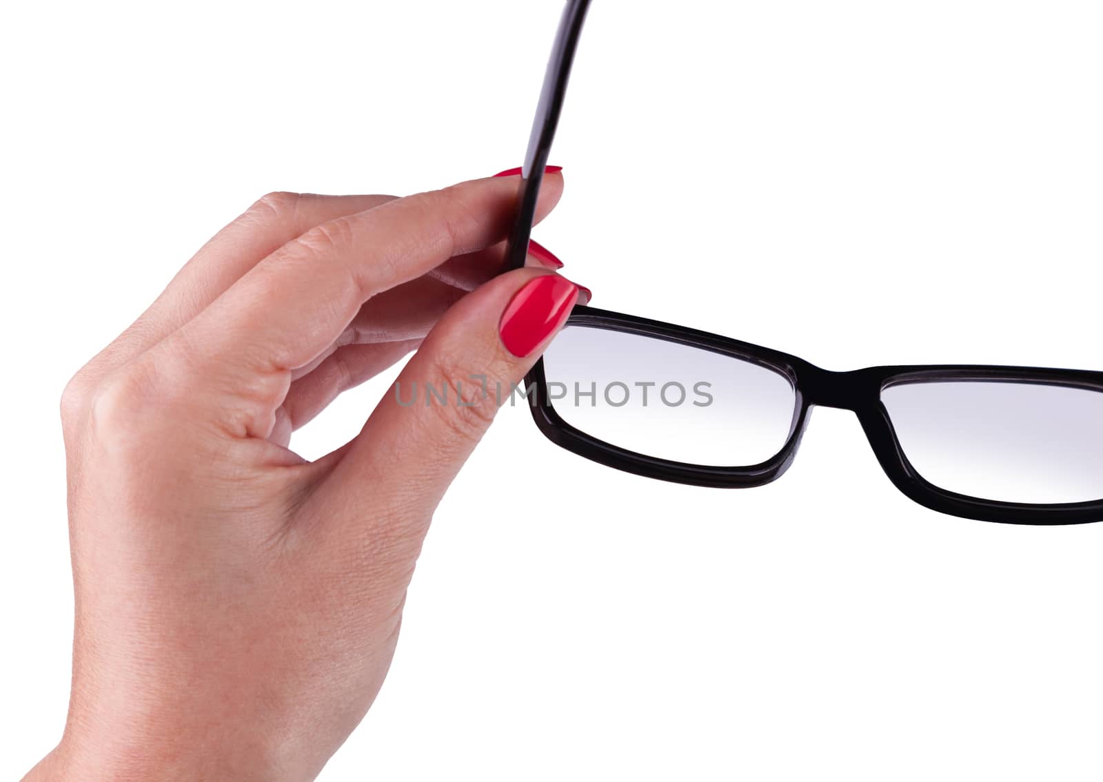 Black Eye Glasses in women's hand Isolated on White background