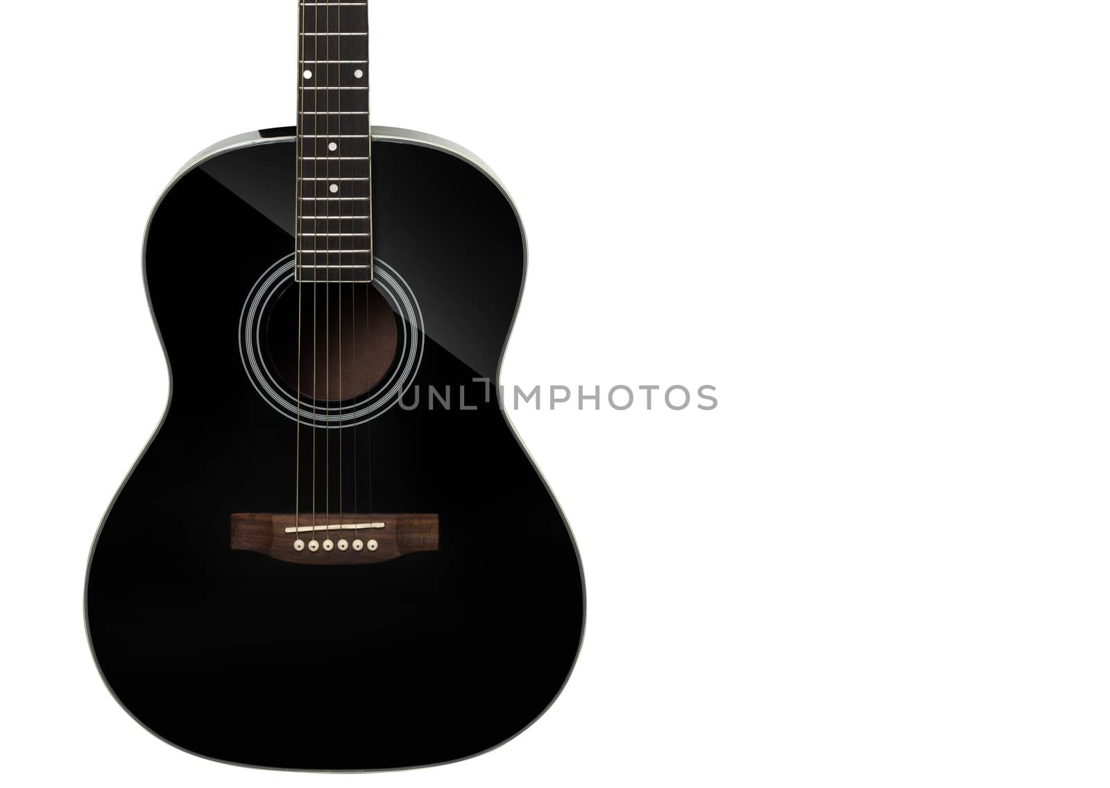 Black acoustic guitar on white background.