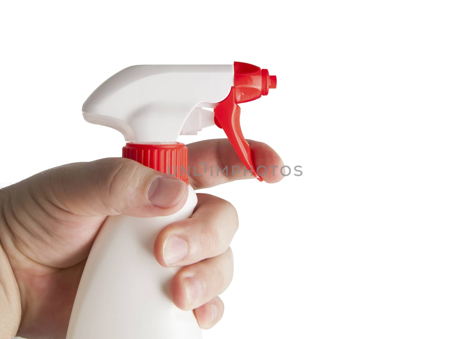 Hand holding white plastic spray bottle. Isolated on a white background. With clipping path.