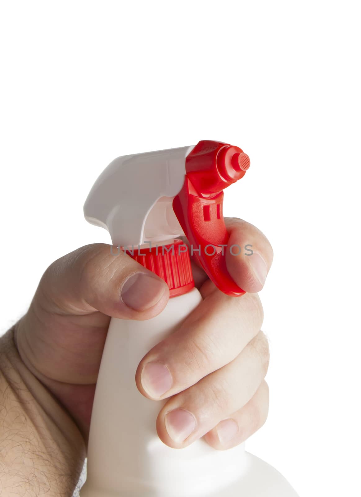 Hand holding white plastic spray bottle. Isolated on a white background. With clipping path.