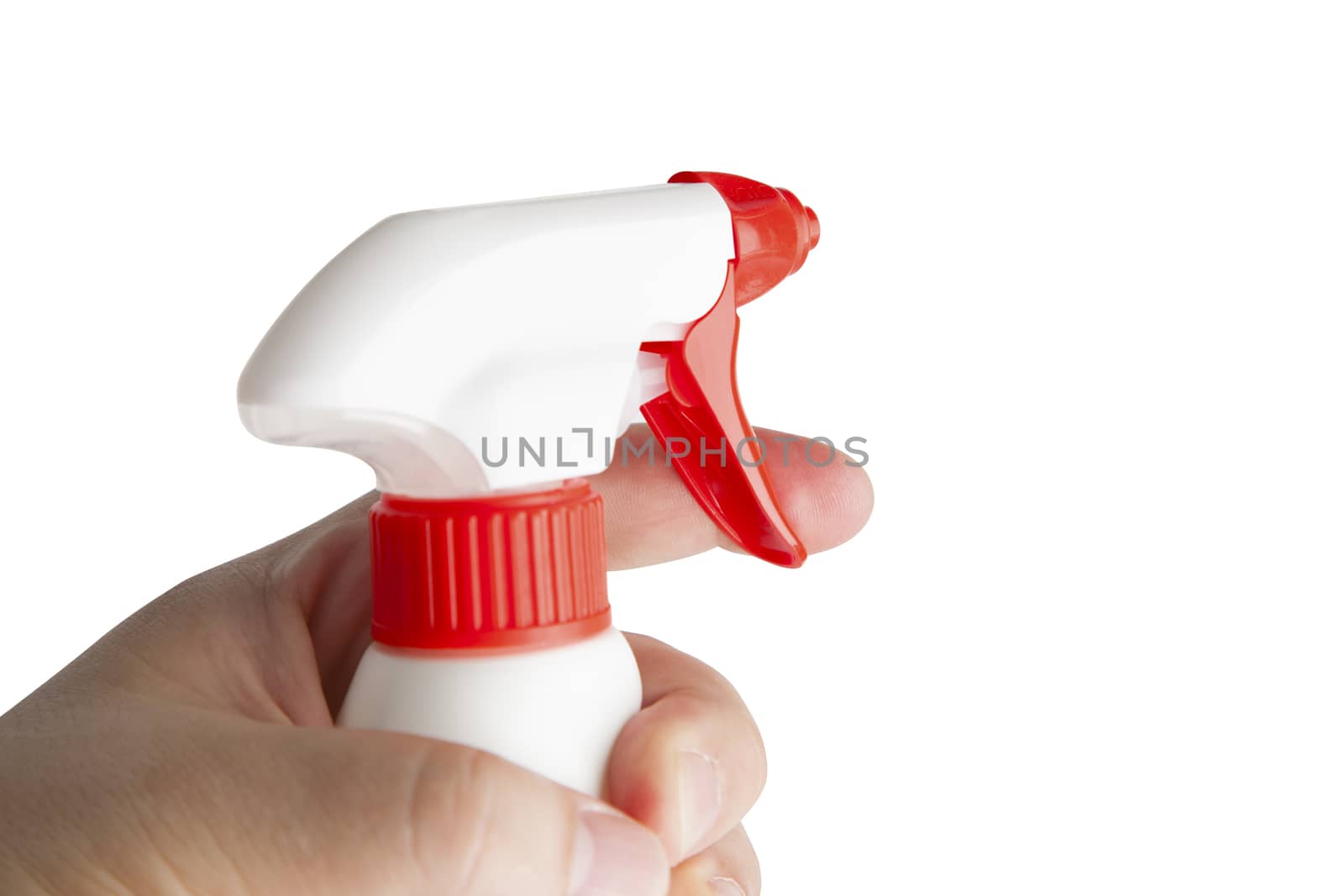 Hand holding white plastic spray bottle. Isolated on a white background. With clipping path.
