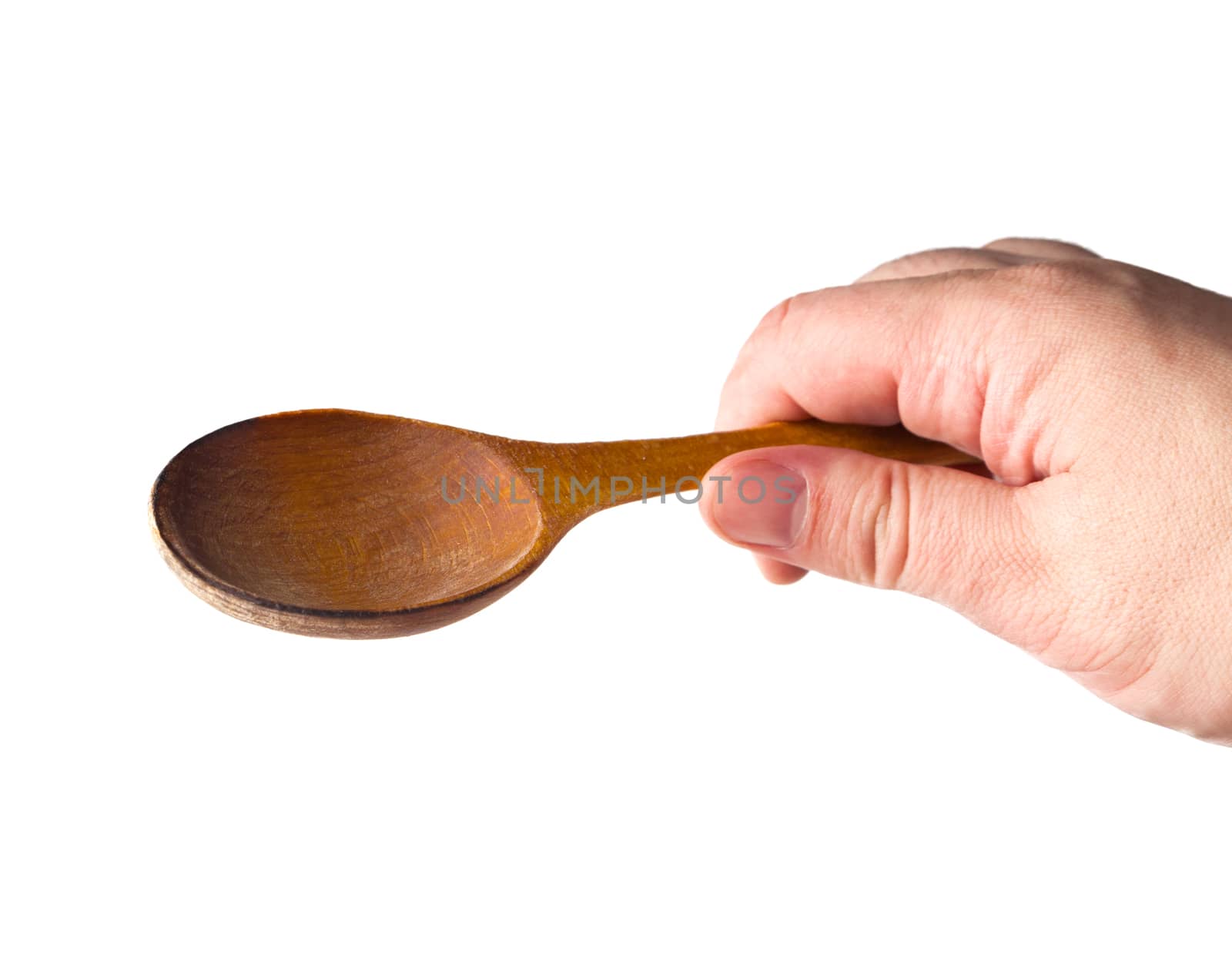 Man hand with wooden spoon isolated on white background