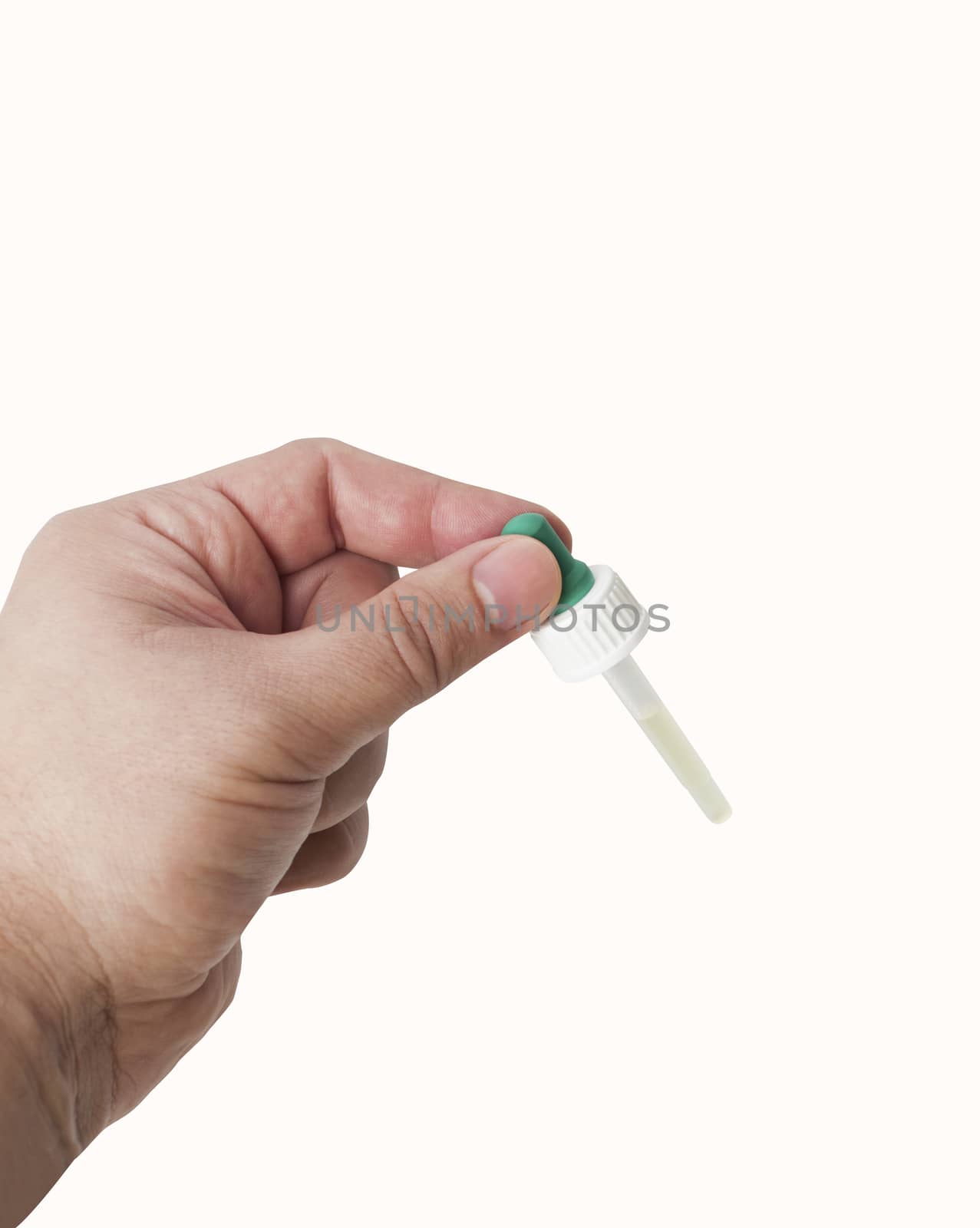 Hand man scientist, doctor keeps the pipette, medication or chemical substance laboratory. Isolated on white background with clipping path