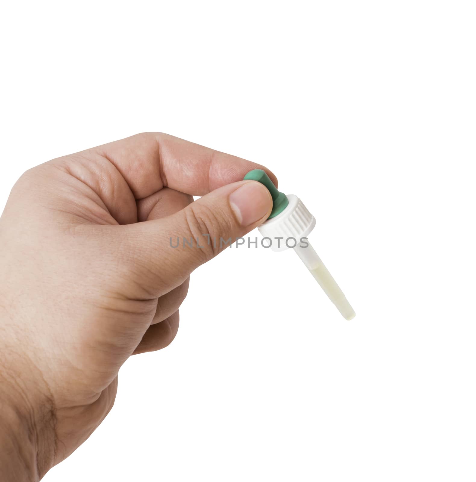 Hand man (scientist, doctor) keeps the pipette for drop, medication or chemical substance laboratory. Isolated on white background with clipping path