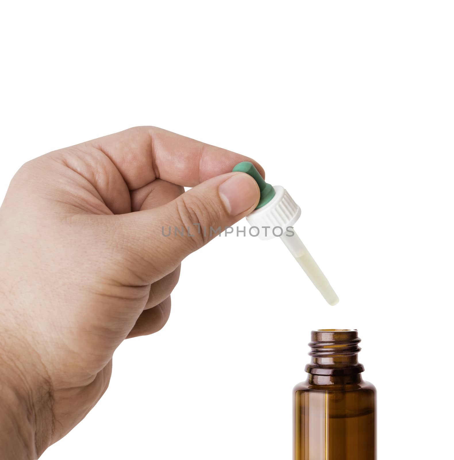 Hand man (scientist, doctor) keeps the pipette for drop over the container with liquid, medication or chemical substance laboratory. Isolated on white background with clipping path