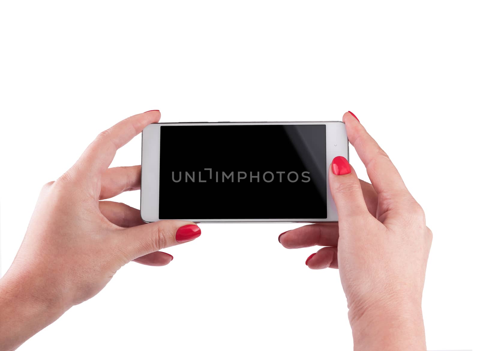 Female Hand holding and Touching a Smartphone isolated on white background.