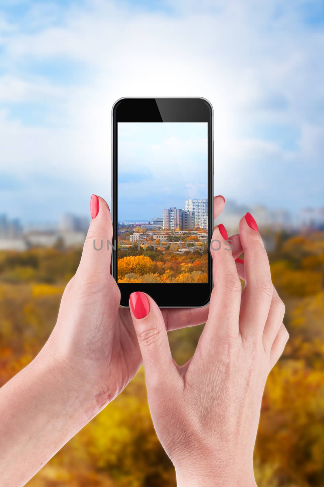 Female Hand holding and Touching a Smartphone, photographing a beautiful autumn landscape. With clipping path