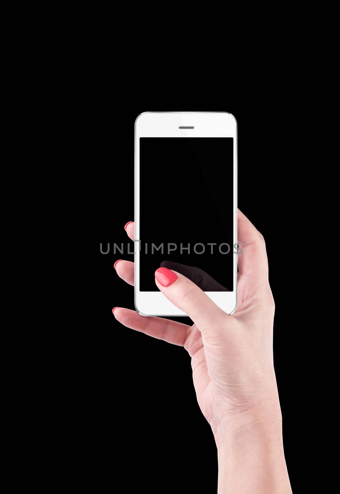 Female Hand holding and Touching a Smartphone isolated on black background. With clipping path