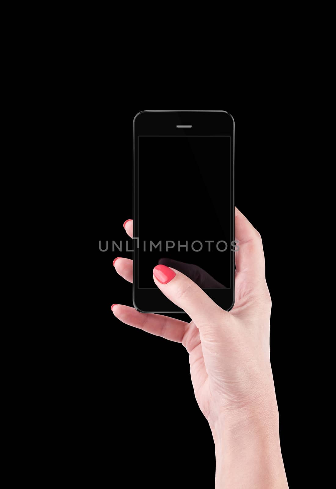 Female Hand holding and Touching a Smartphone isolated on black background.