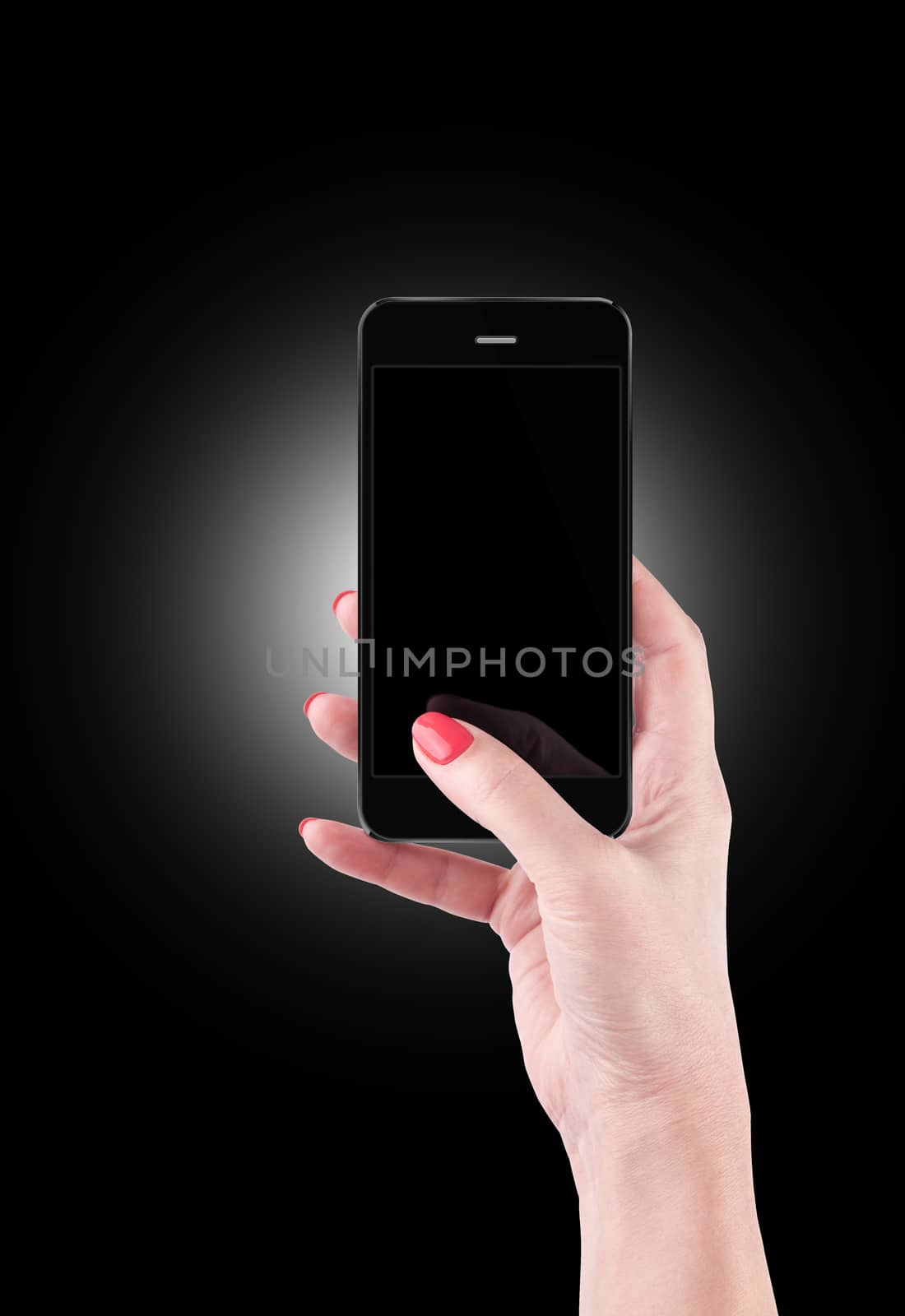 Female Hand holding and Touching a Smartphone isolated on black background.