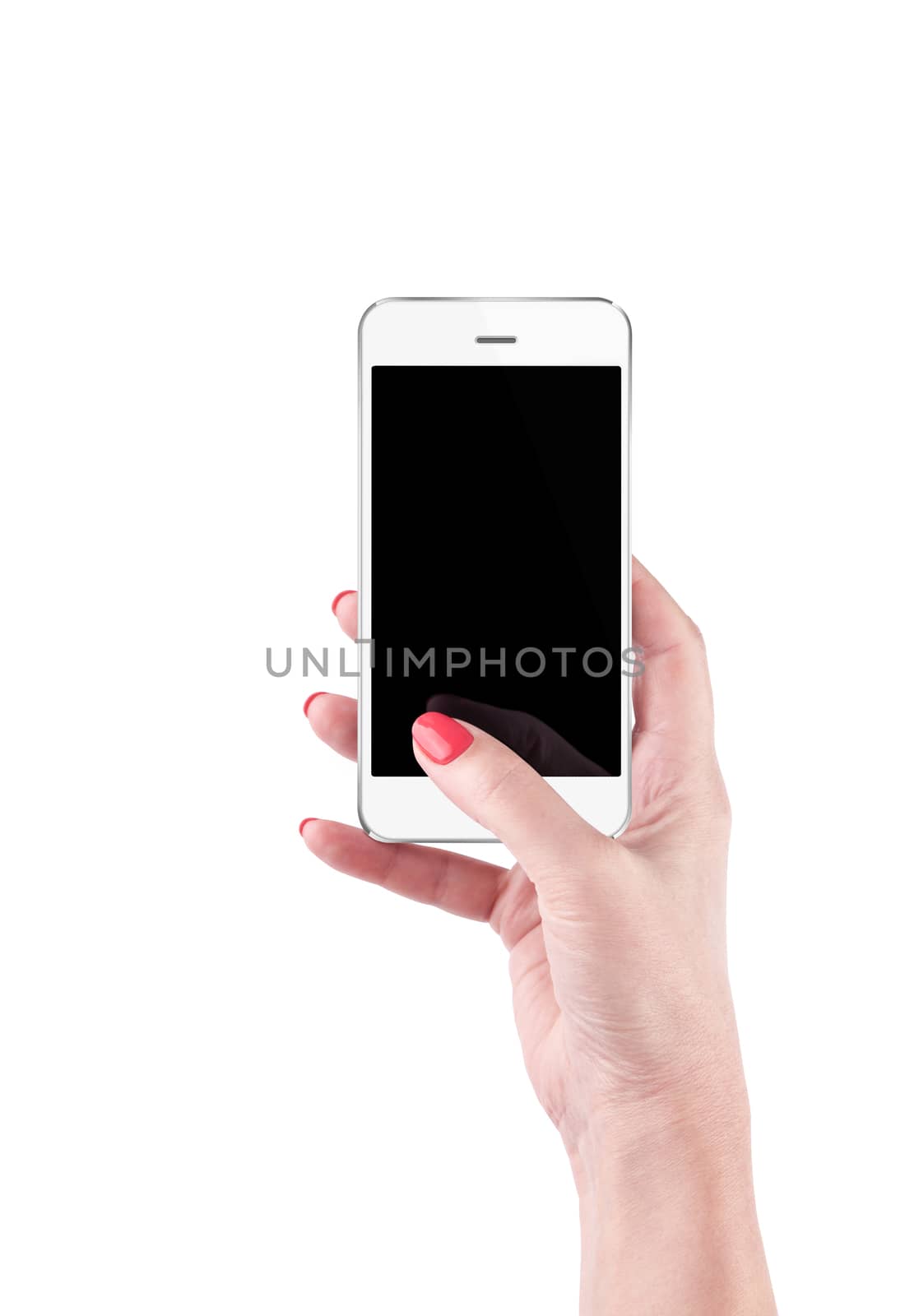 Female Hand holding and Touching a Smartphone isolated on white background.