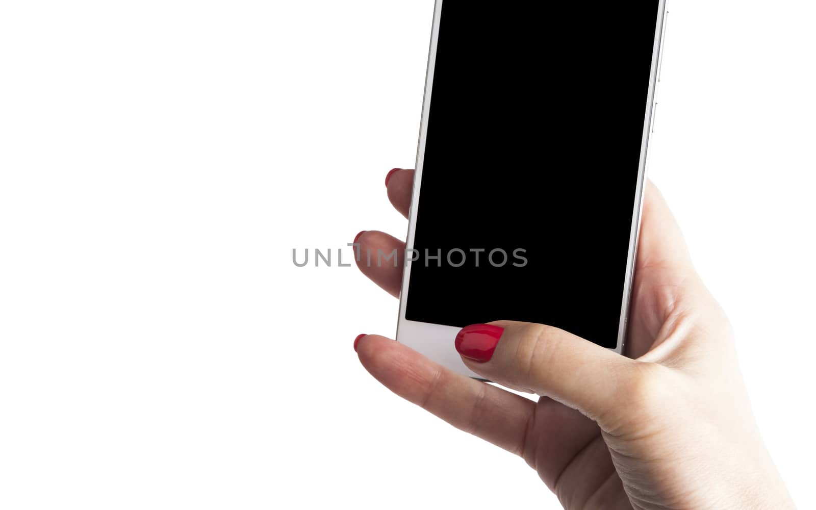Female Hand holding and Touching a Smartphone isolated on white background