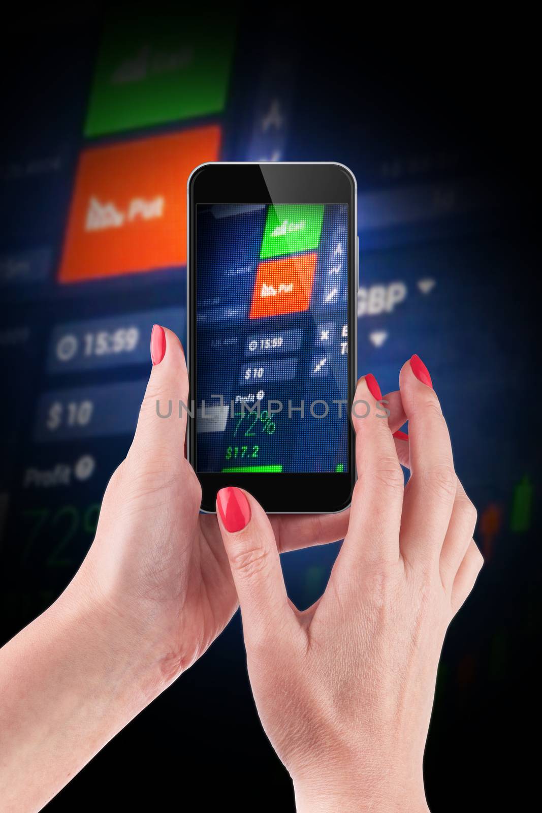 Female hand holding and touch a smartphone, photographing a Stock market data in blue on LED display