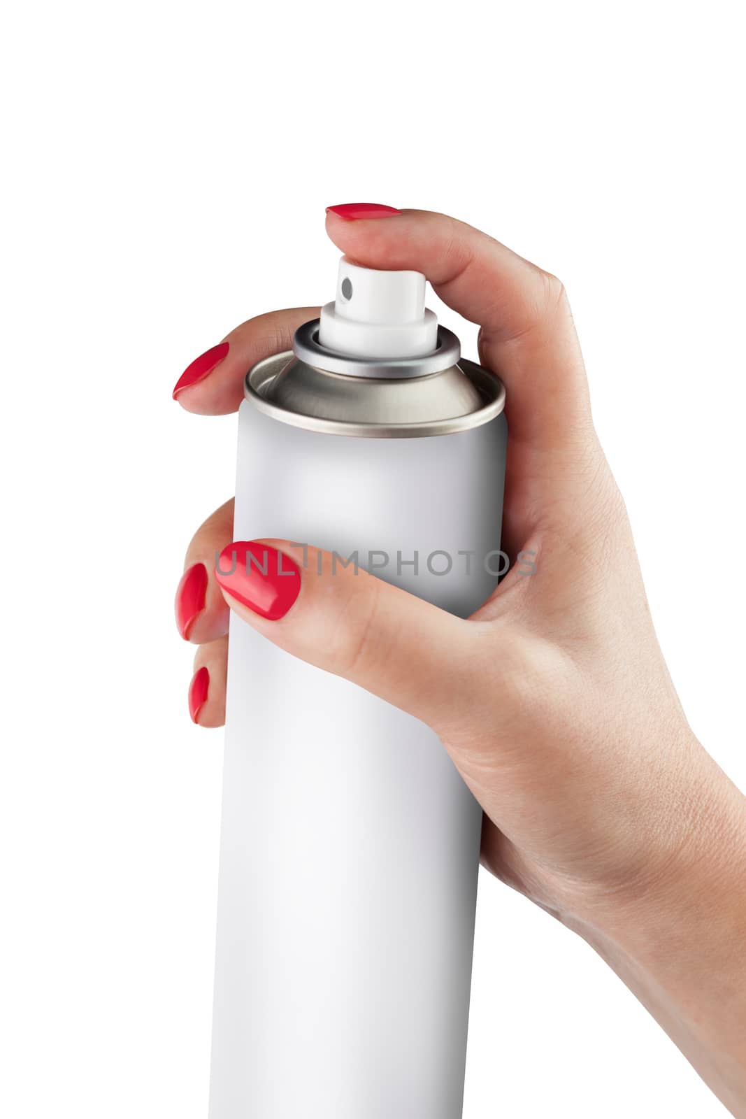 Aluminum spray can woman on hand  white background. With clipping path