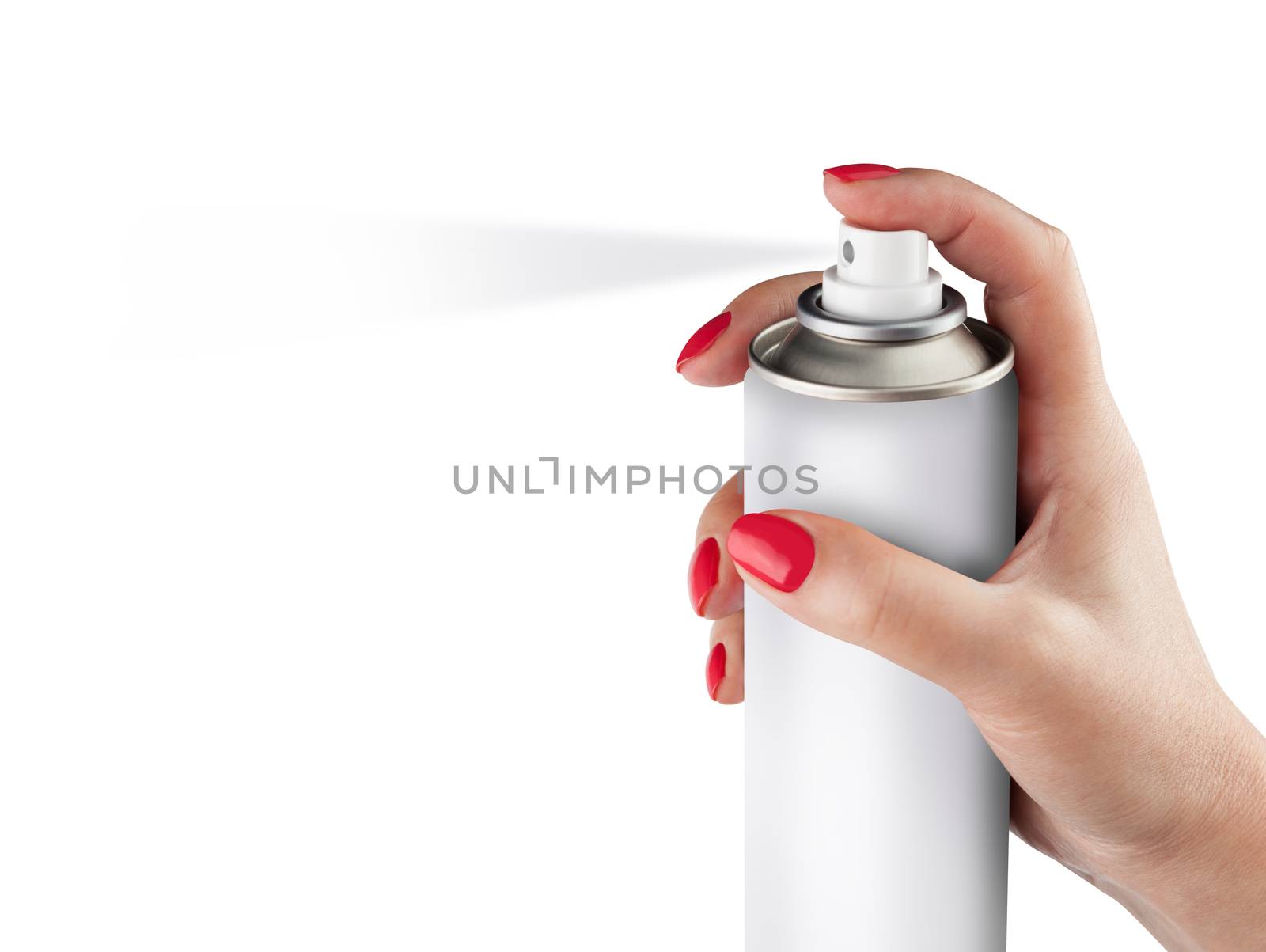 White spray can isolated on white background on woman hand, Aerosol Spray Can, Metal Bottle Paint Can Realistic photo image. With clipping path