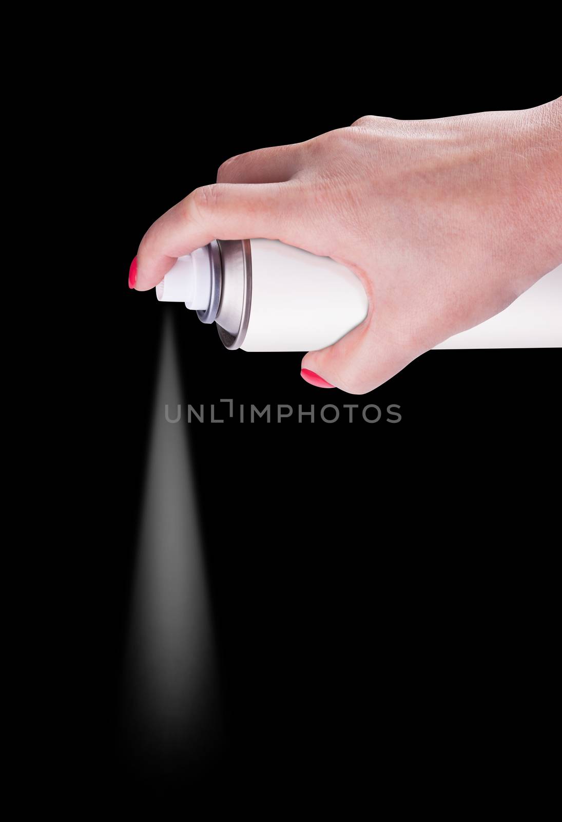 White spray can isolated on black background on woman hand, Aerosol Spray Can, Metal Bottle Paint Can Realistic photo image