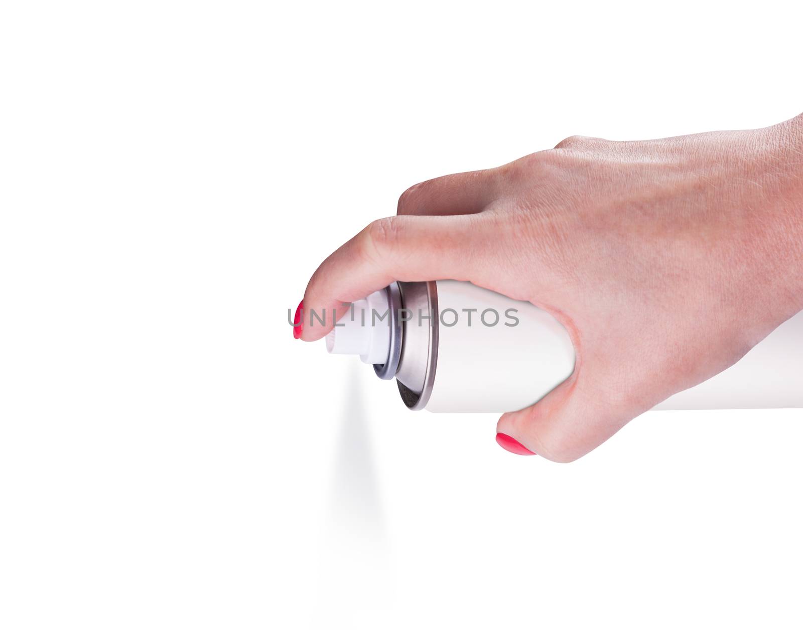 White spray can isolated on white background on woman hand, Aerosol Spray Can, Metal Bottle Paint Can Realistic photo image