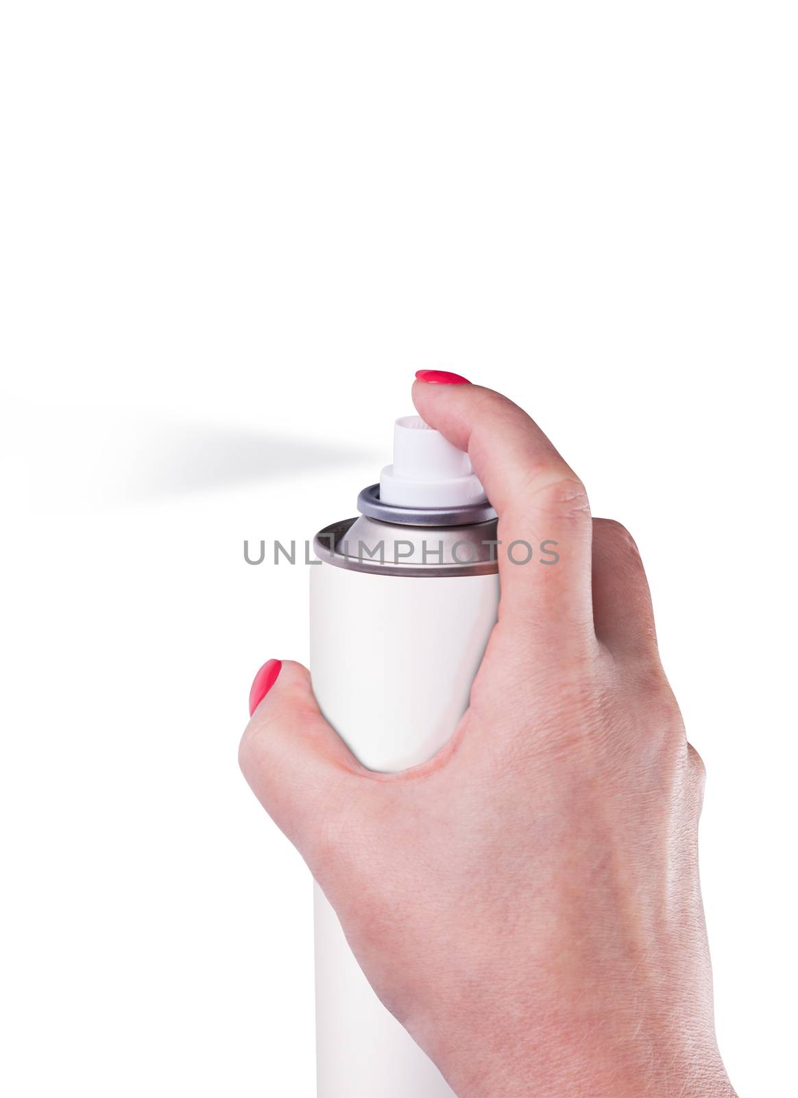 White spray can isolated on white background on woman hand, Aerosol Spray Can, Metal Bottle Paint Can Realistic photo image