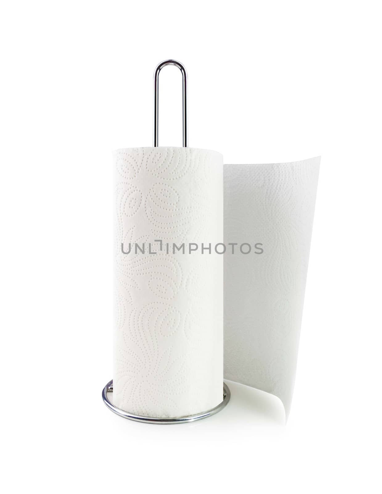 Ktchen paper towels on holder. Isolated on white background. With clipping path