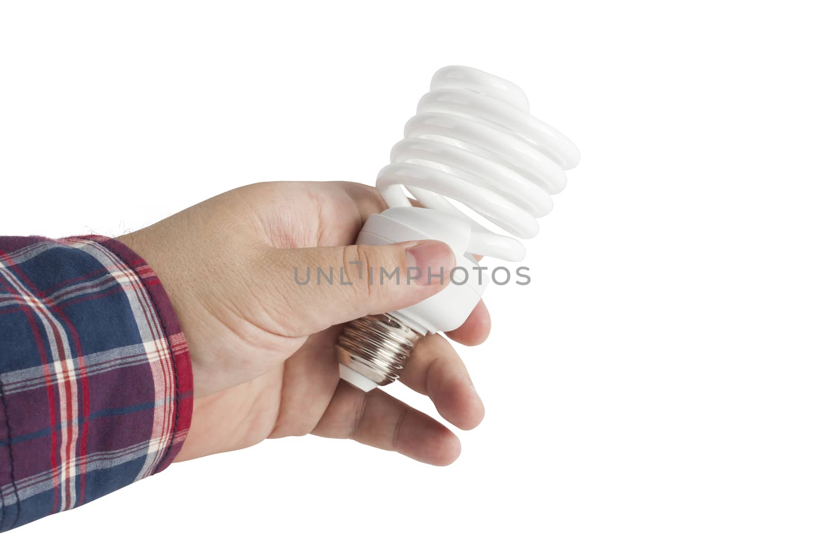 Energy saving lamp in the man's hand on white background closeup
