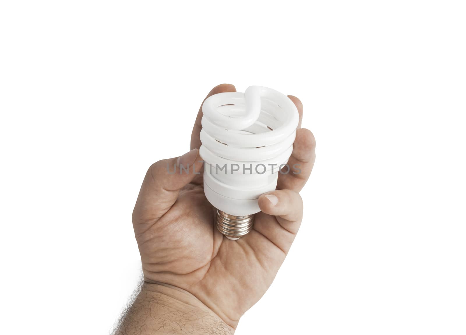 Energy saving lamp in the man's hand on white background closeup