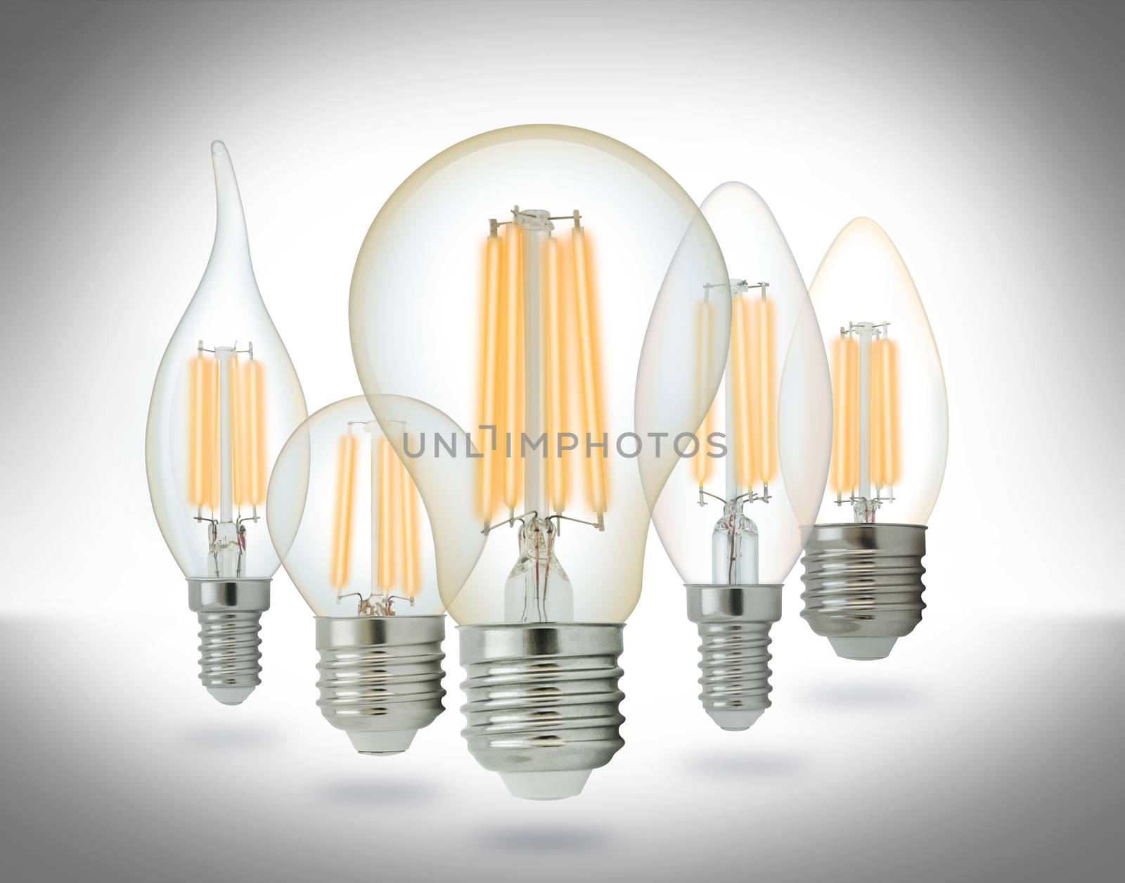 LED filament light bulbs set. With clipping path