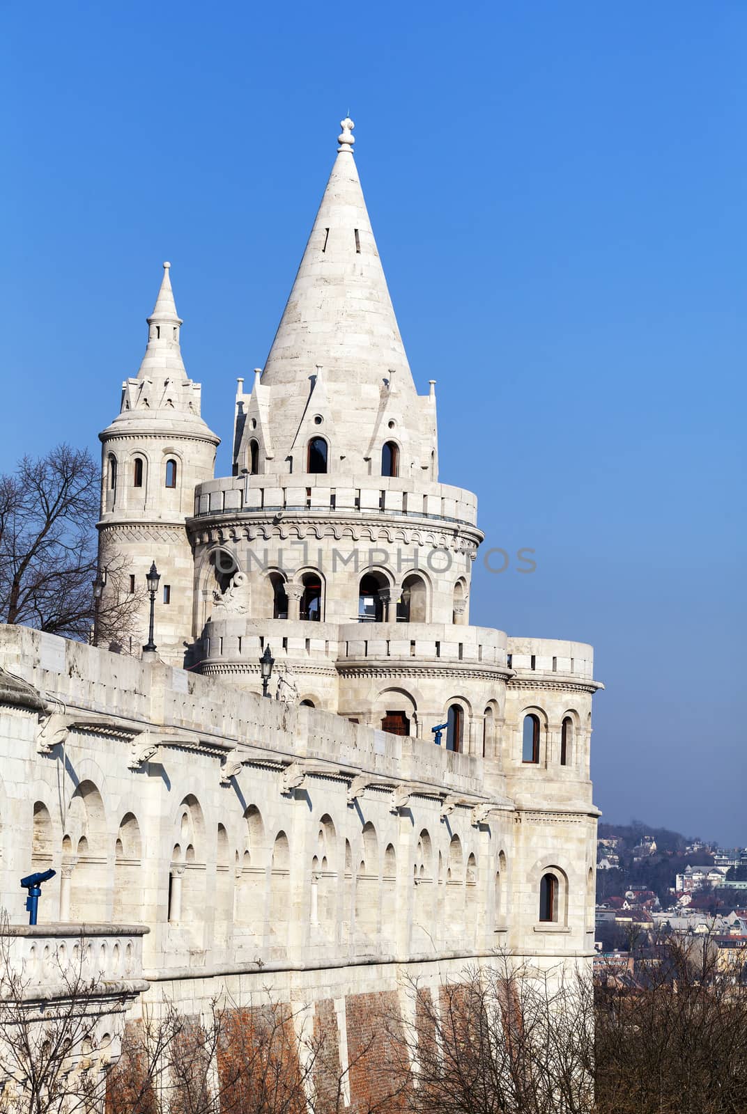 Fishermans Bastion in Budapest, Hungary, on a sunny winter day