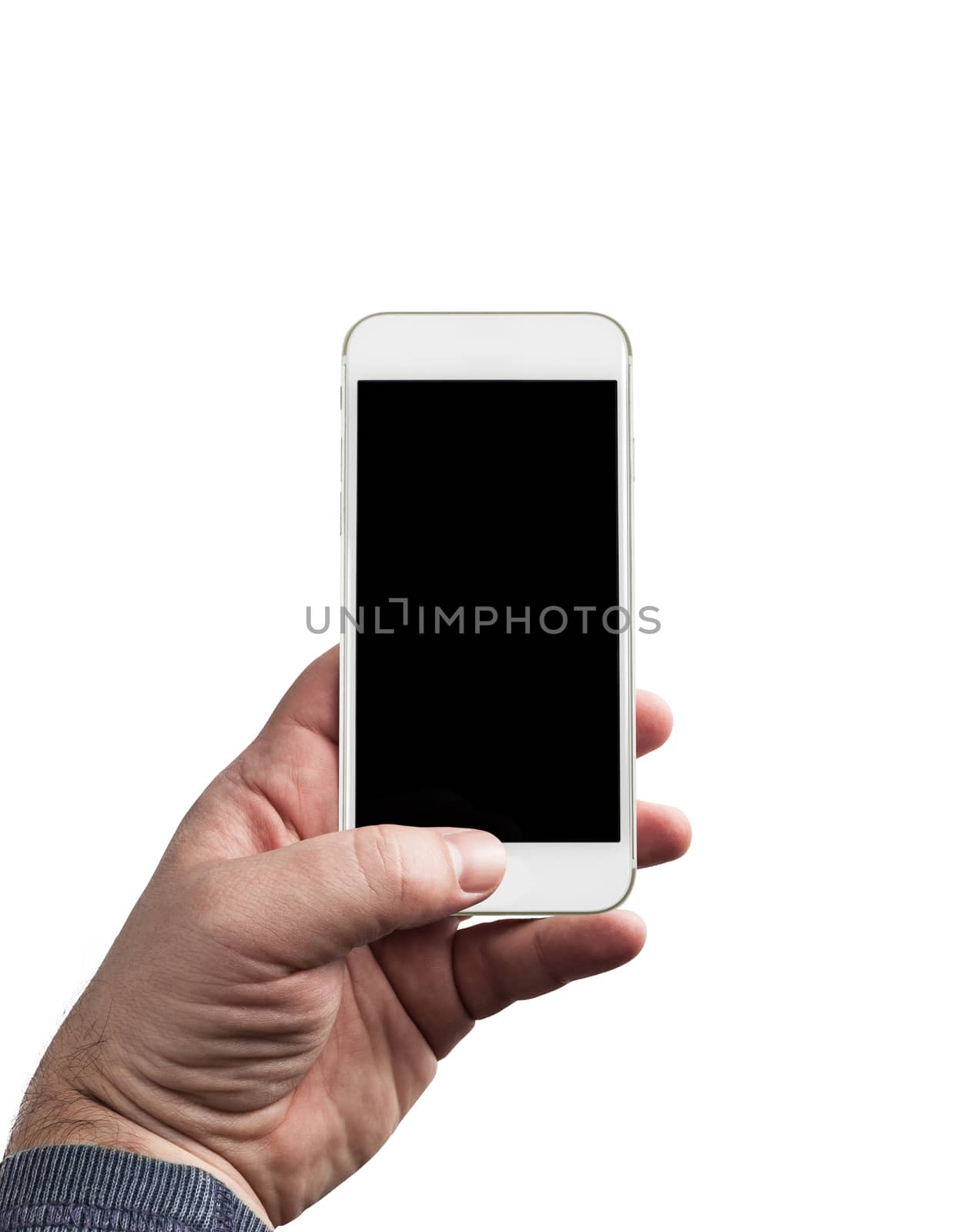 Man Hand holding mobile phone on white backgroun