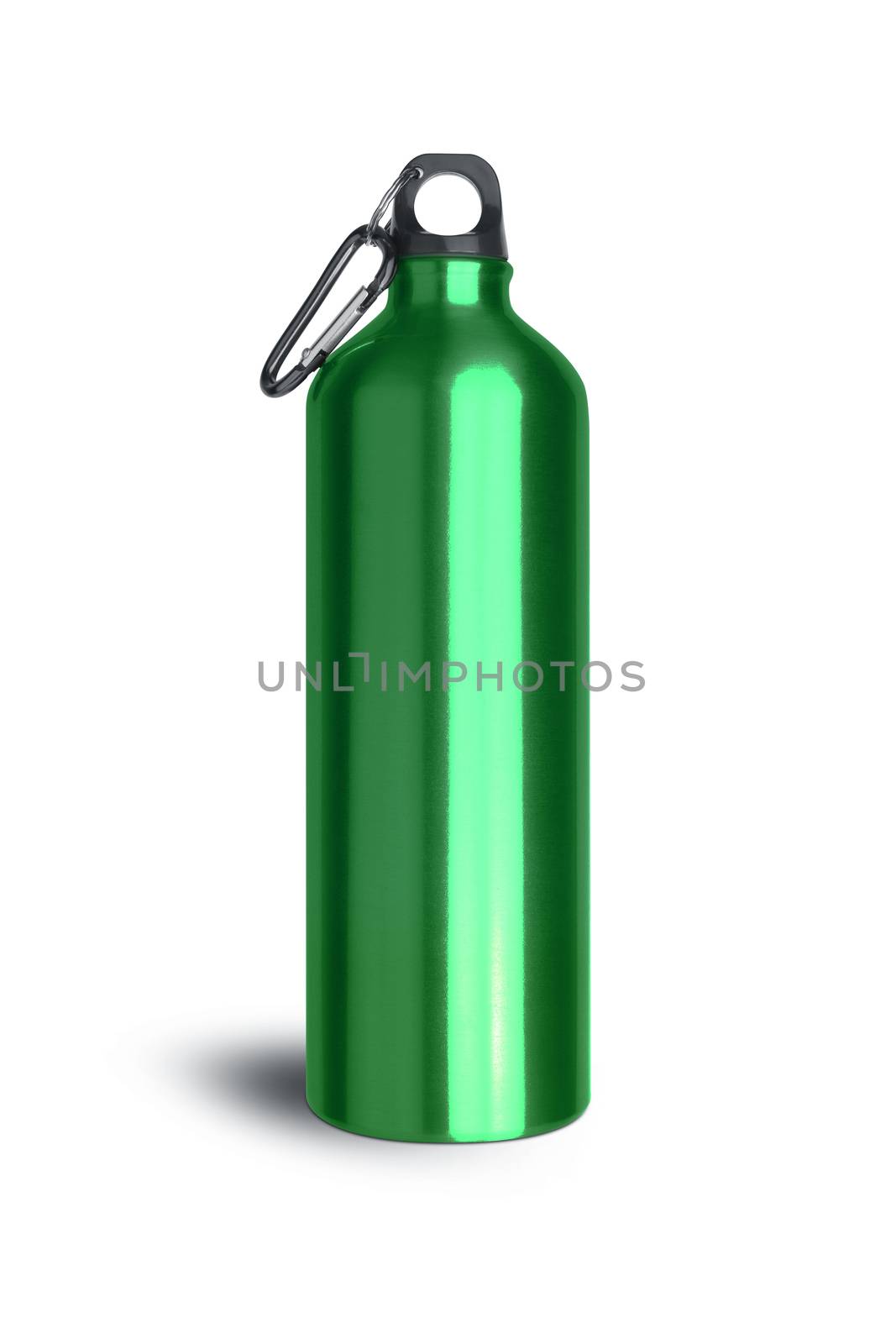 Metallic green water bottle with a carabiner attached to the top isolated on white background. With clipping path.