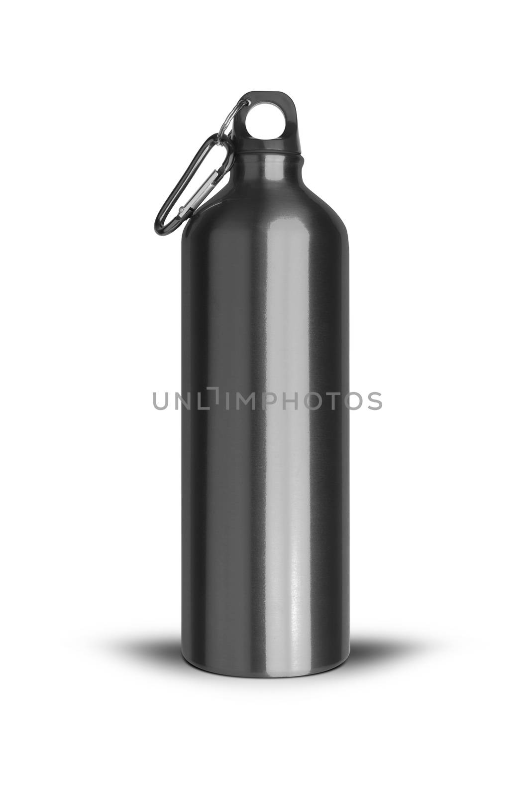 Metallic black water bottle with a carabiner attached to the top isolated on white background. With clipping path.