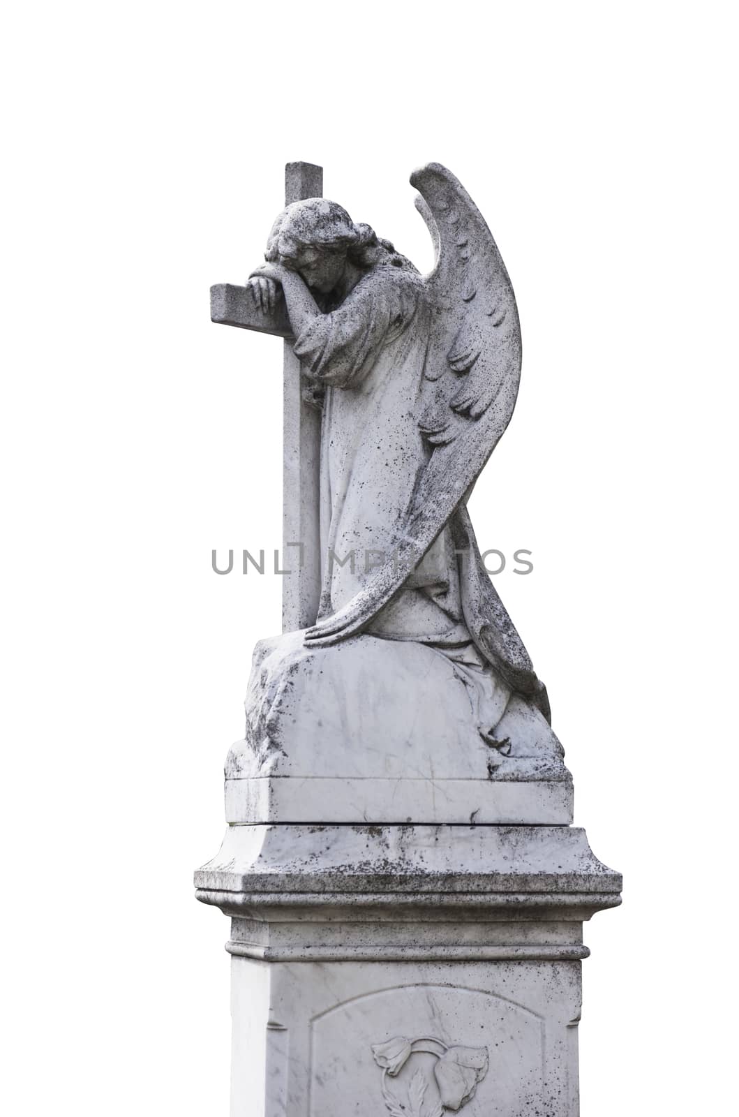 Angel and cross monument isolated on white background. With clipping path