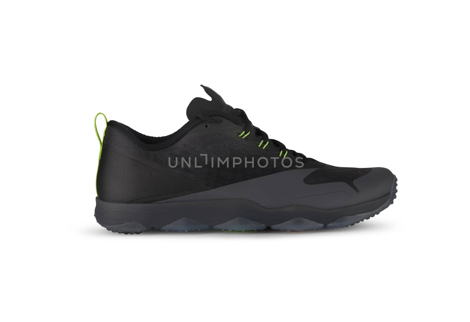 Black sport running shoe for men closeup on a white background. With clipping path