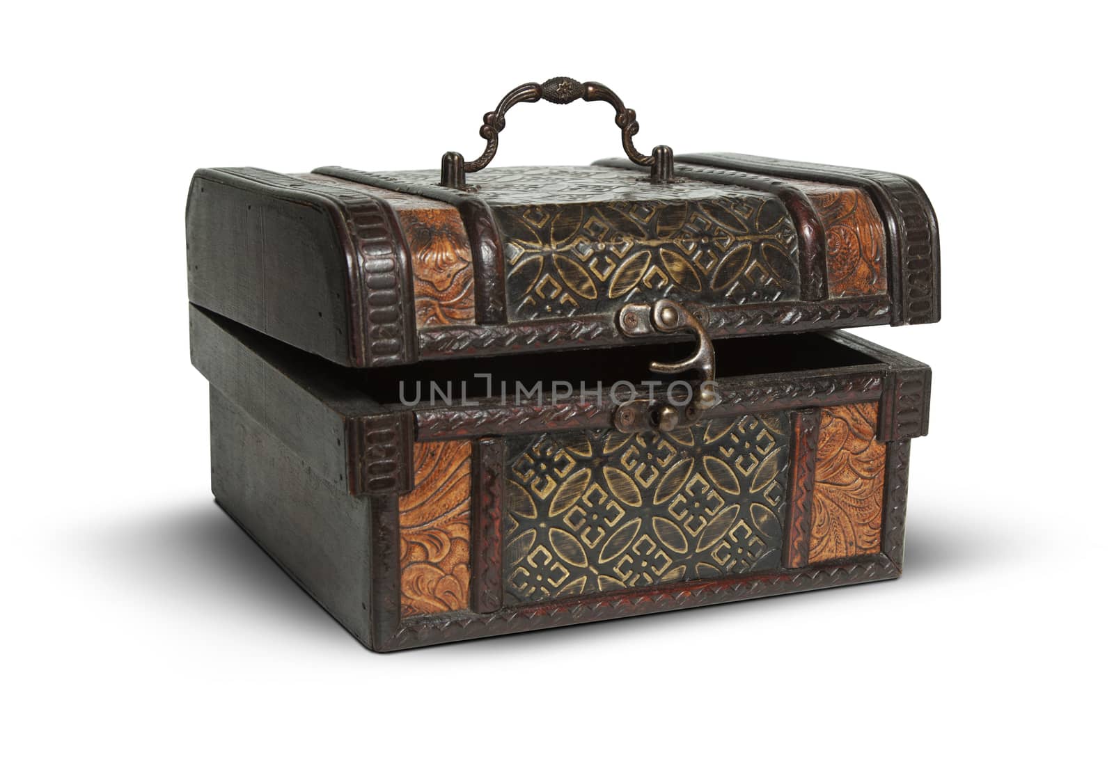 vintage wooden opened chest on white background.  Clipping Path