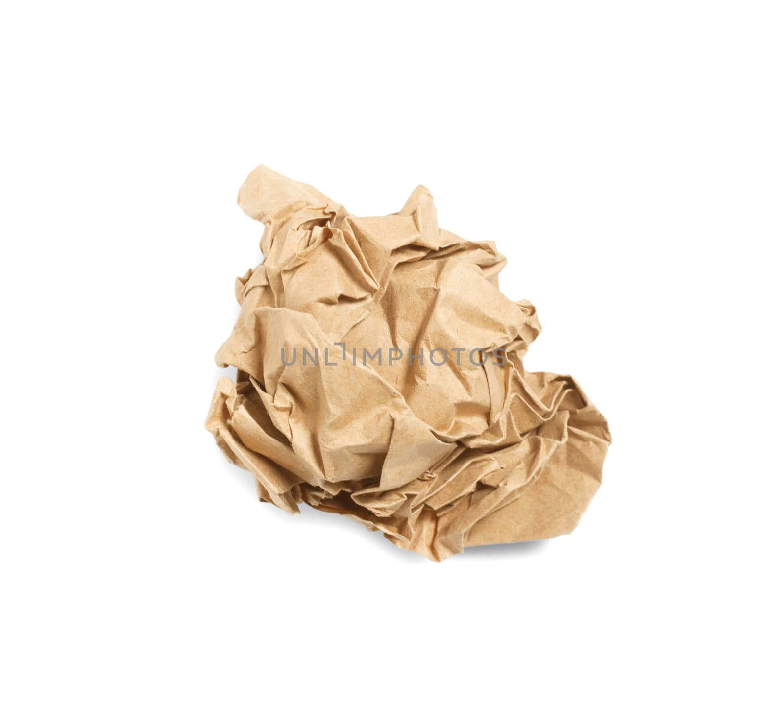 Crumpled brown paper ball isolated over white background. Bluren concept