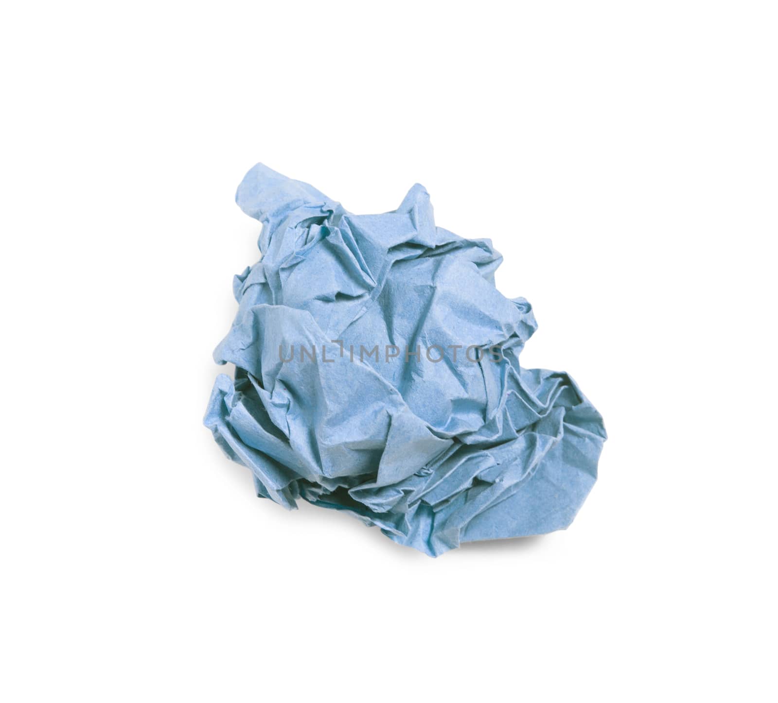 Crumpled blue paper ball isolated over white background. Bluren concept