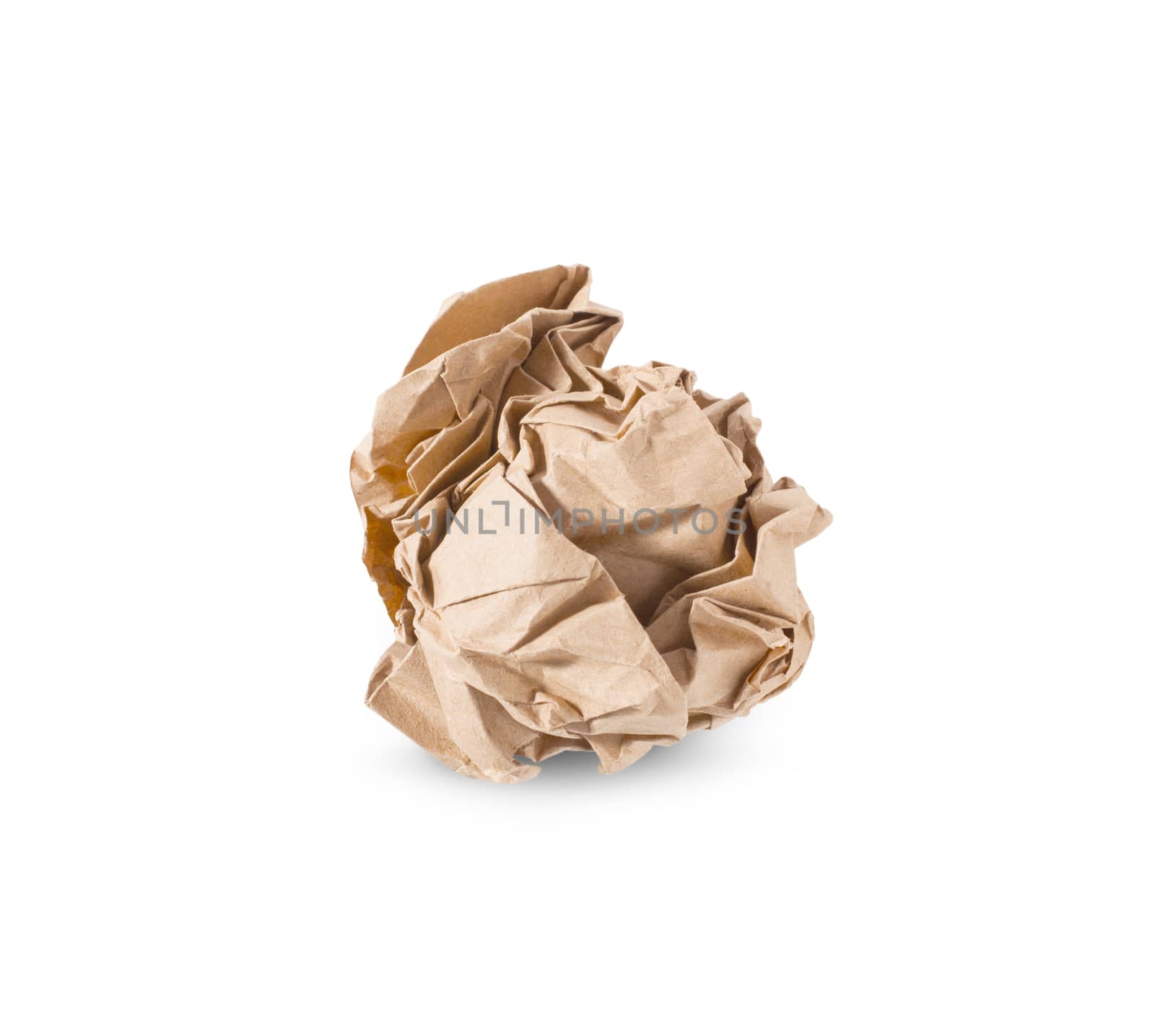 Crumpled brown paper ball isolated over white background.