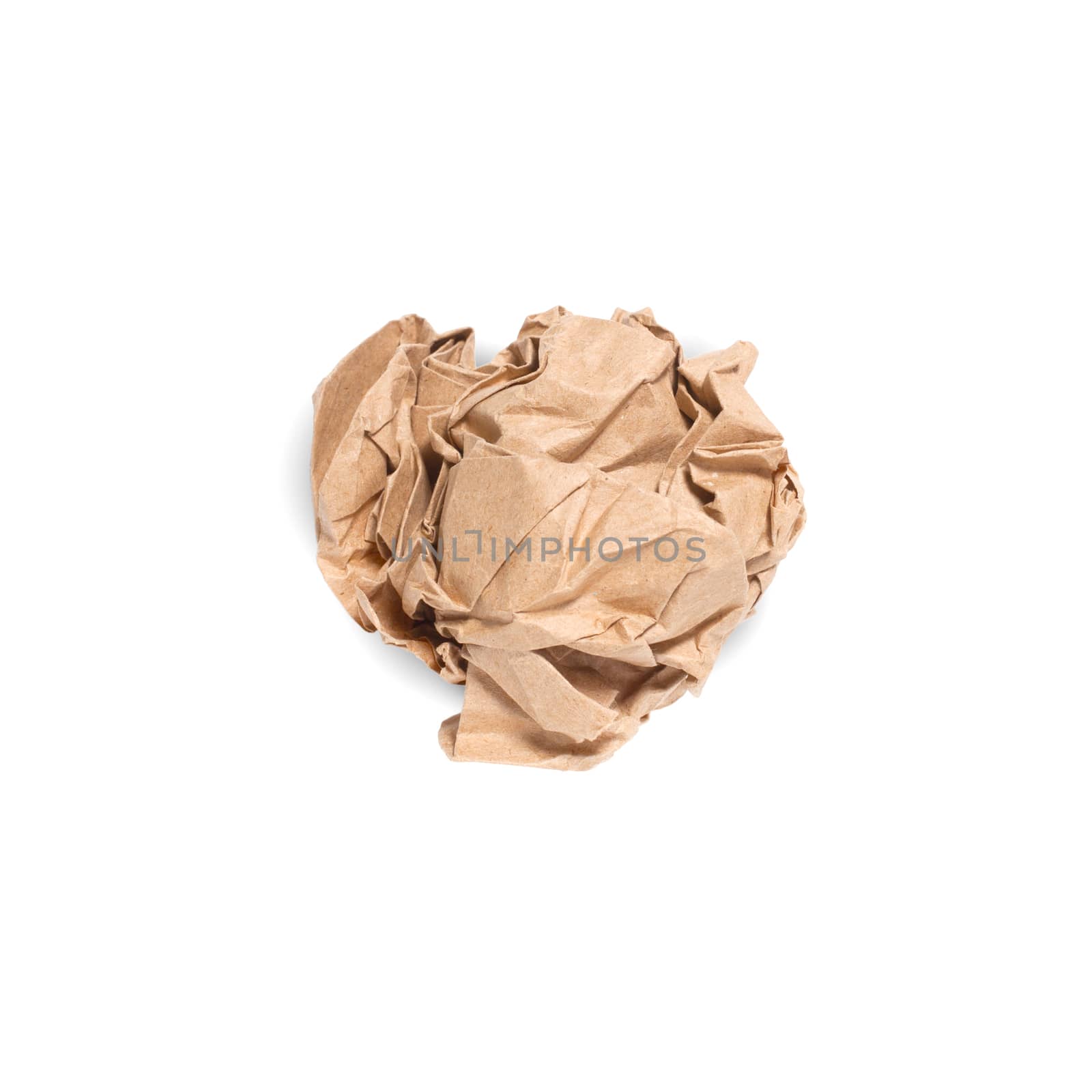 Crumpled brown paper ball isolated over white background. Bluren concept